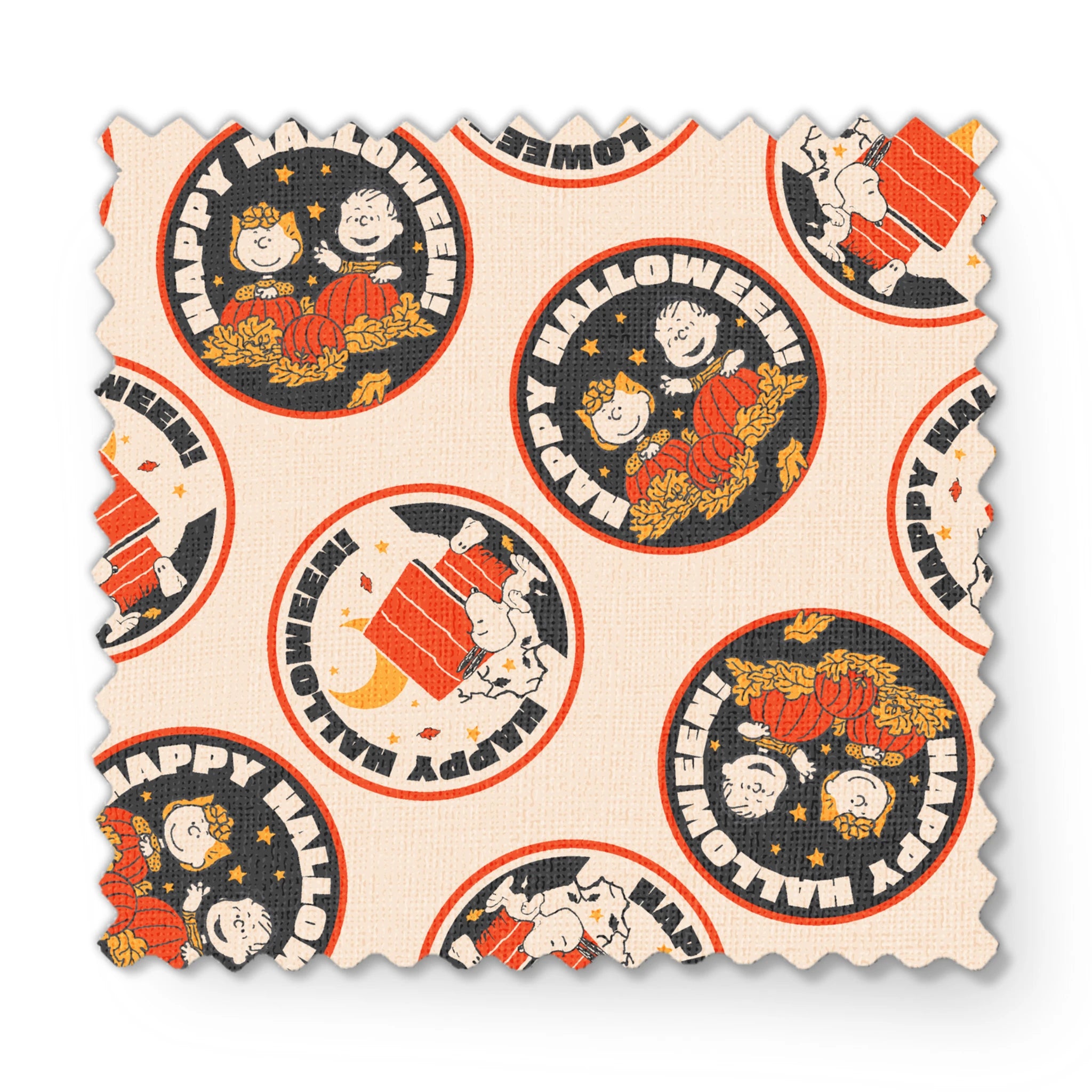 Peanuts Halloween pattern with circular badges featuring characters and "Happy Halloween" text on beige background fabric swatch mockup