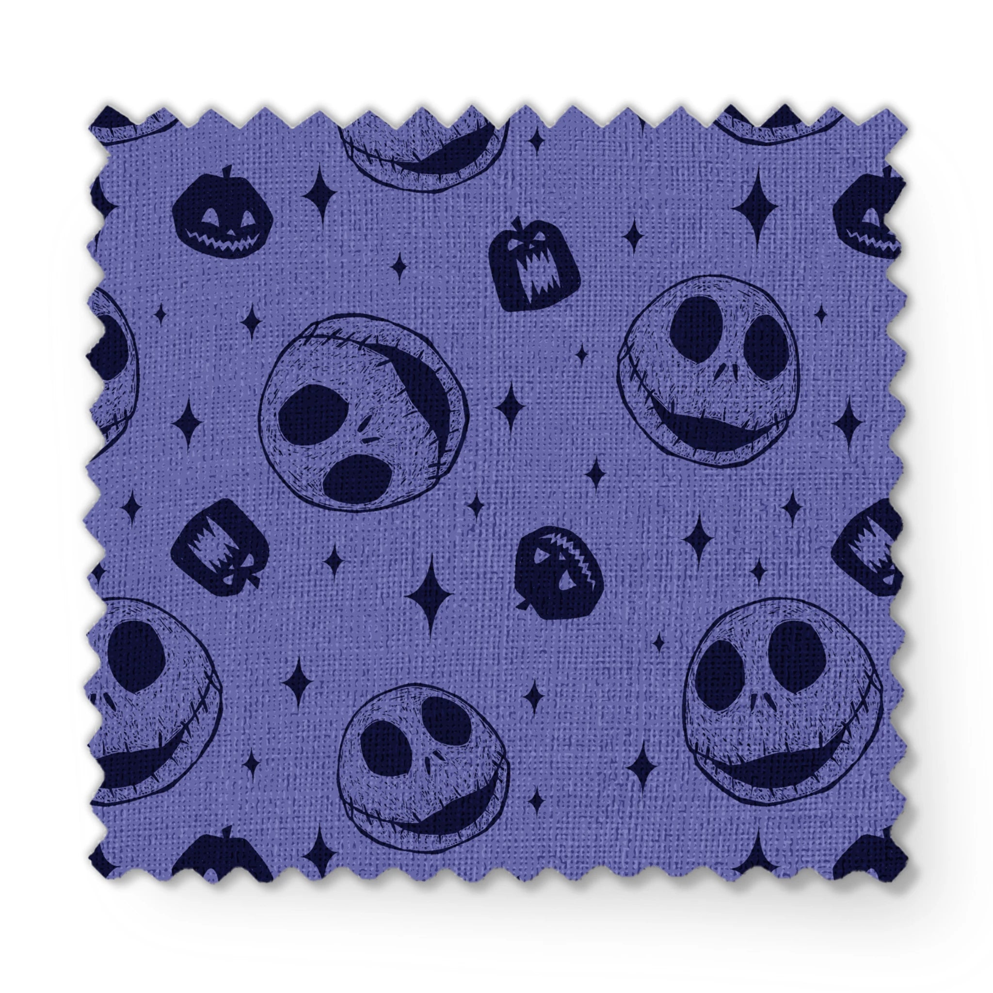 Nightmare Before Christmas skull and pumpkin pattern on purple background with black star shapes fabric swatch mockup