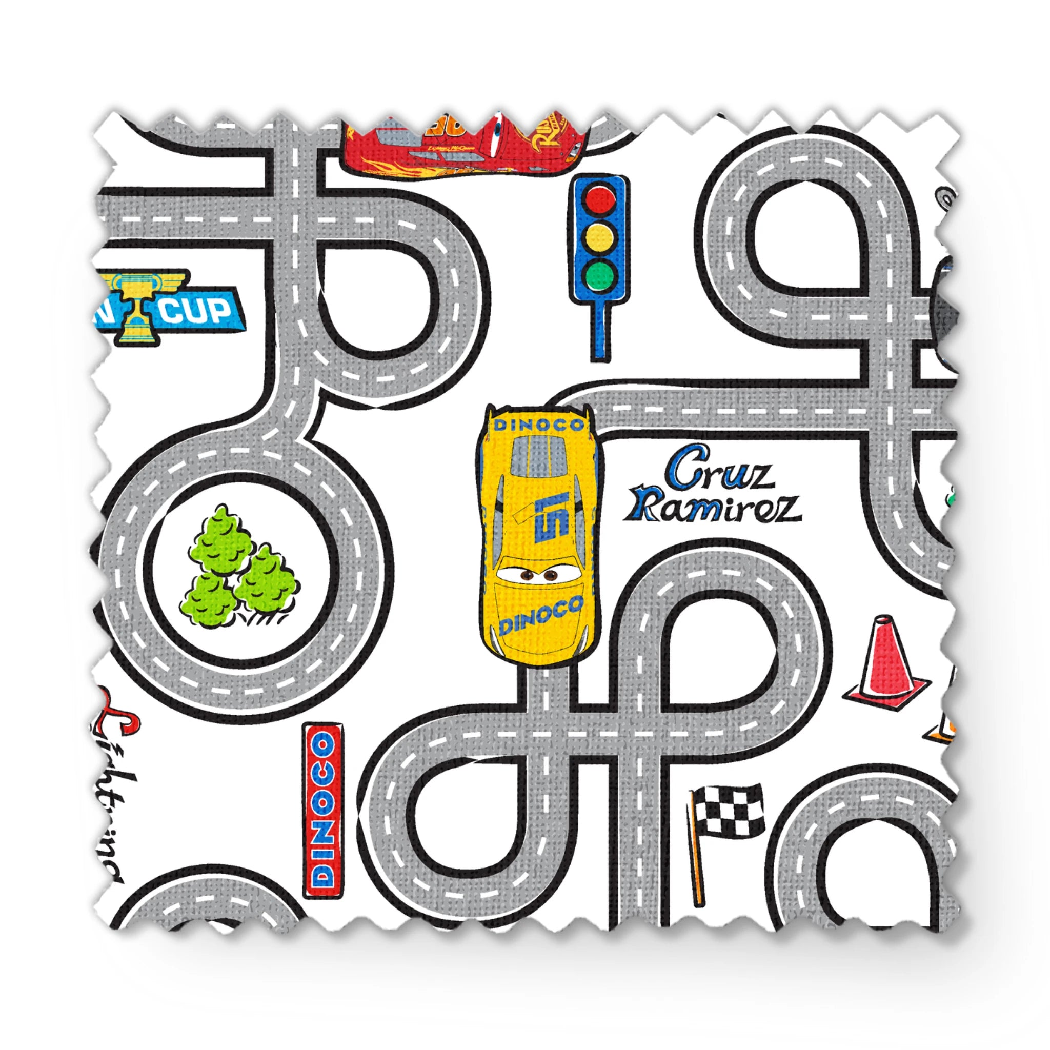 Cartoon road map with cars, traffic signs, and "Cruz Ramirez" label on winding gray streets fabric swatch mockup