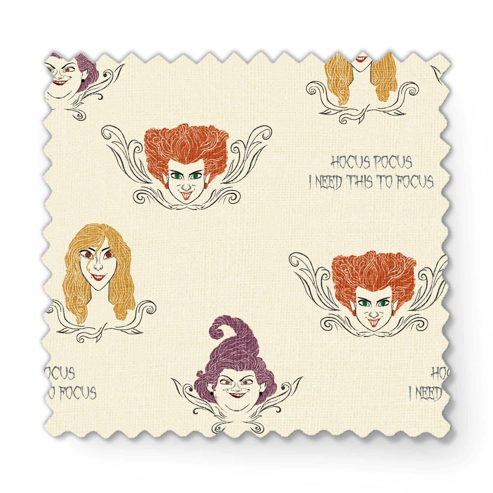 Pattern of illustrated magical characters with orange, blonde and purple hair on cream background with "Hocus Pocus" text fabric swatch mockup