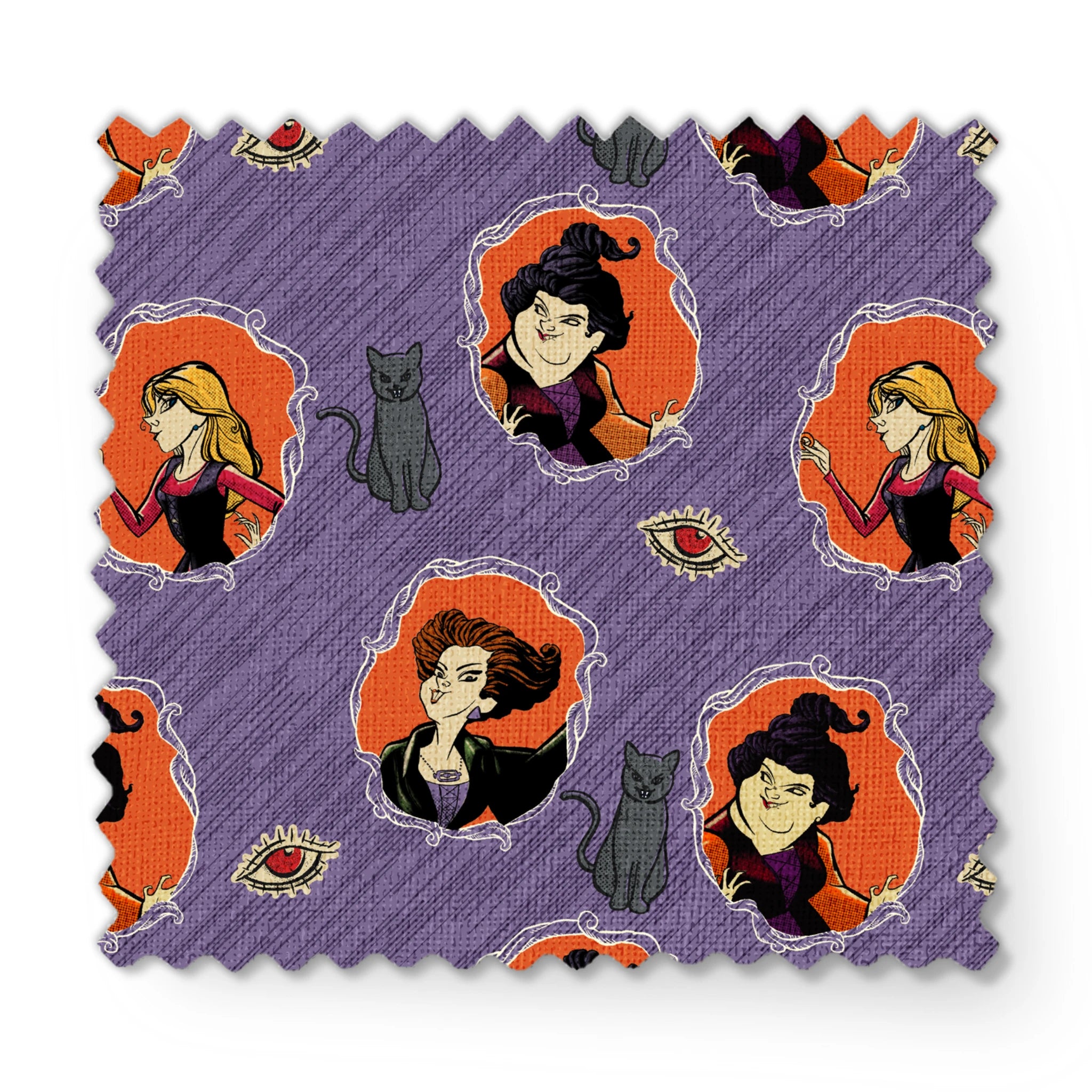 Purple background pattern with illustrated cartoon characters, black cats, and eye symbols in orange circular frames fabric swatch mockup