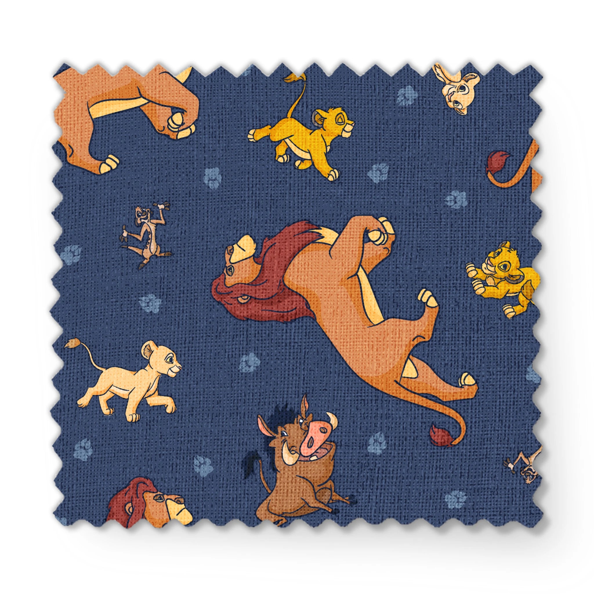Colorful cartoon lions and characters from The Lion King scattered on dark blue background with paw prints fabric swatch mockup