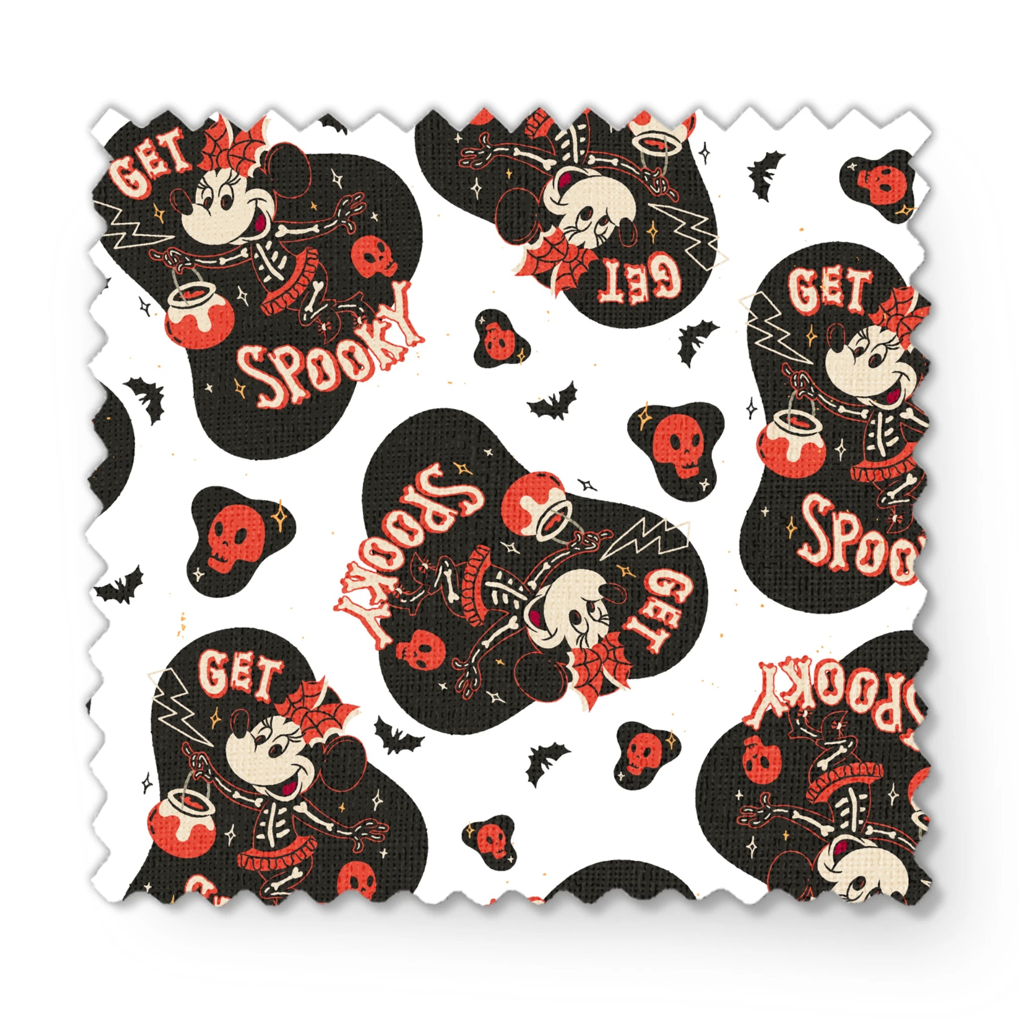 Halloween pattern with Minnie Mouse shapes, "Get Spooky" text, skulls, bats, and hearts on white background fabric swatch mockup