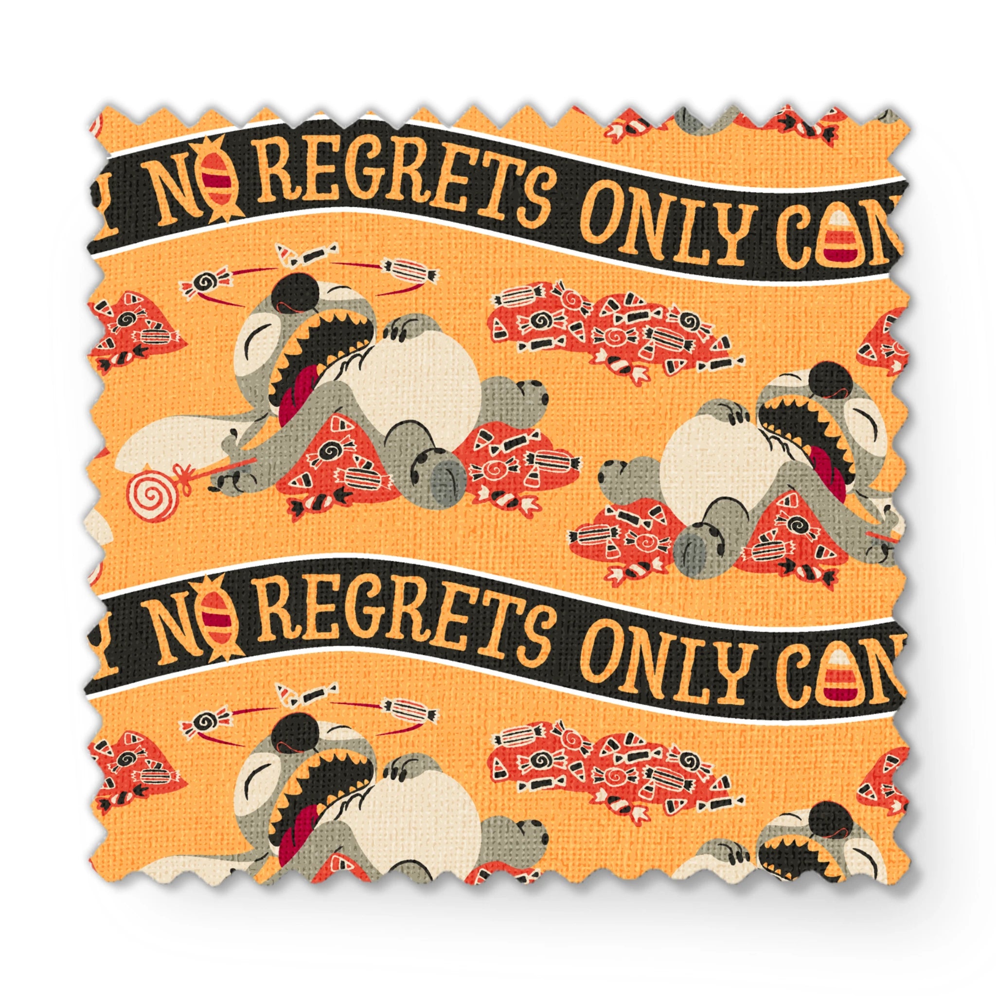 Repeating pattern with "NO REGRETS ONLY CANDY" text, featuring Disney's Stitch and candy corn on orange background. fabric swatch mockup