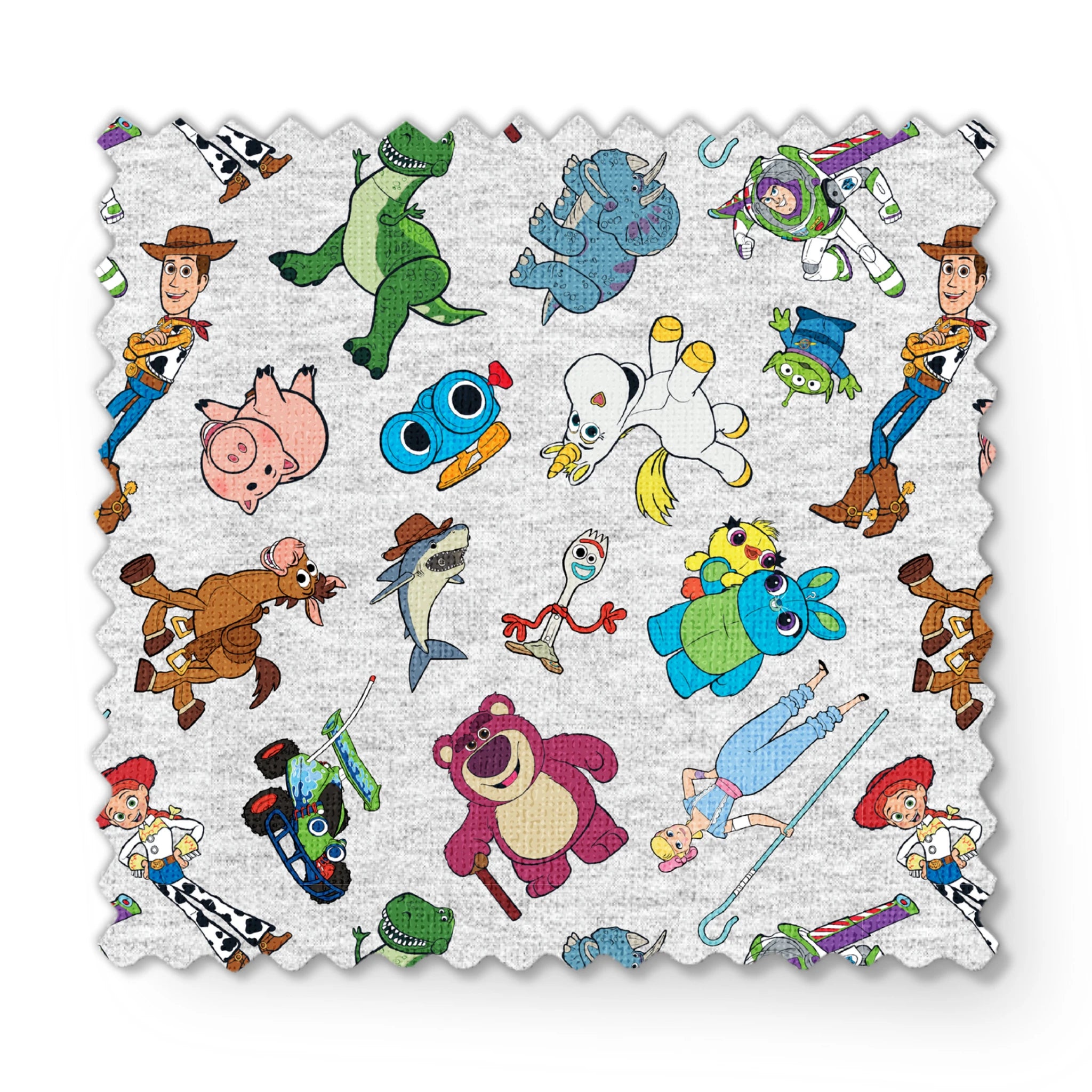 Colorful pattern of various animated Toy Story characters on a light speckled background fabric swatch mockup