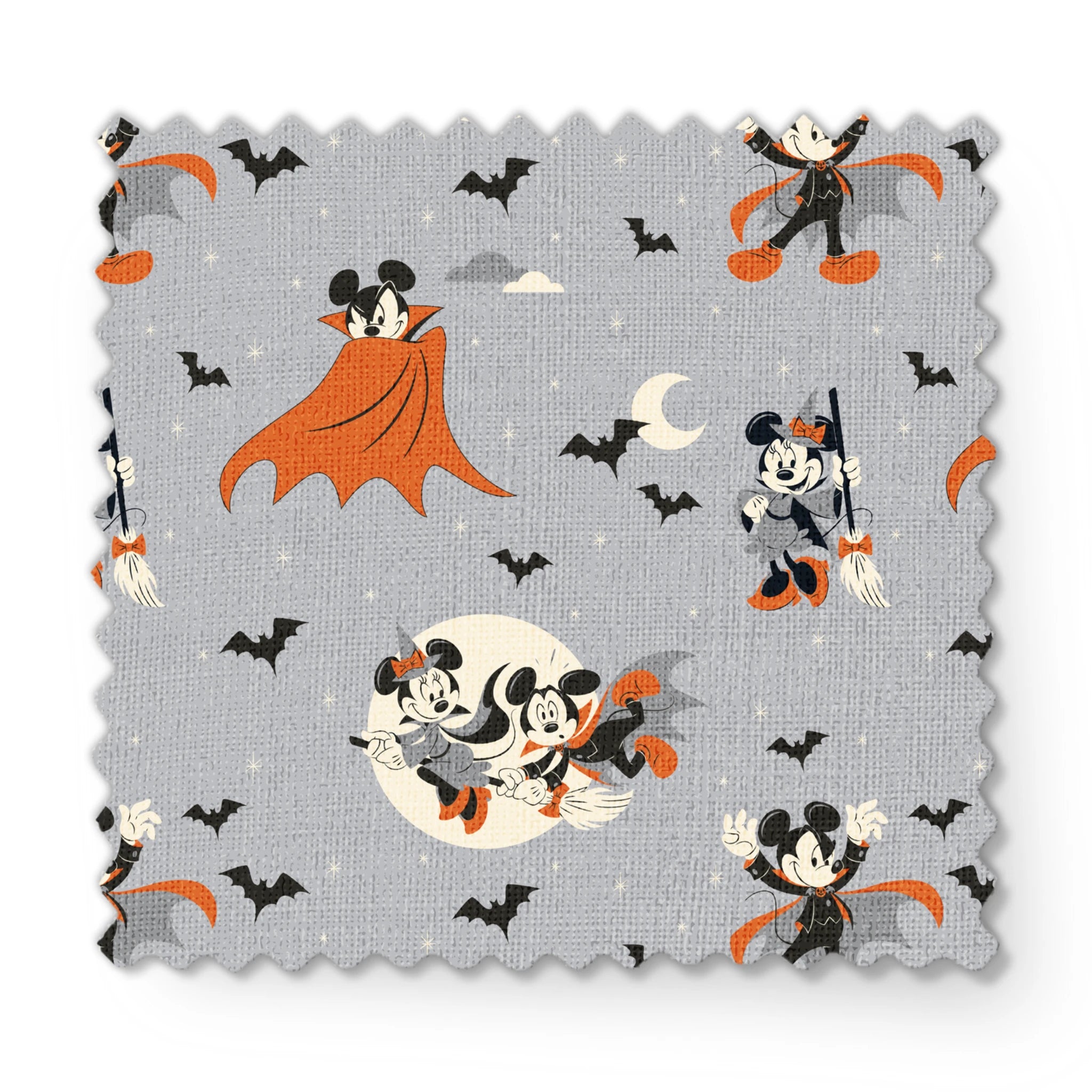 Mickey and Minnie Mouse in Halloween costumes on gray background with bats and moons, orange capes and spooky theme. fabric swatch mockup
