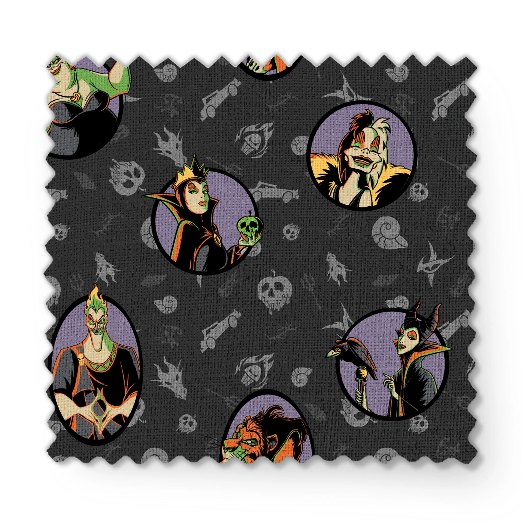 Cartoon Disney villains in purple circles on dark gray background with villain-themed icons fabric swatch mockup