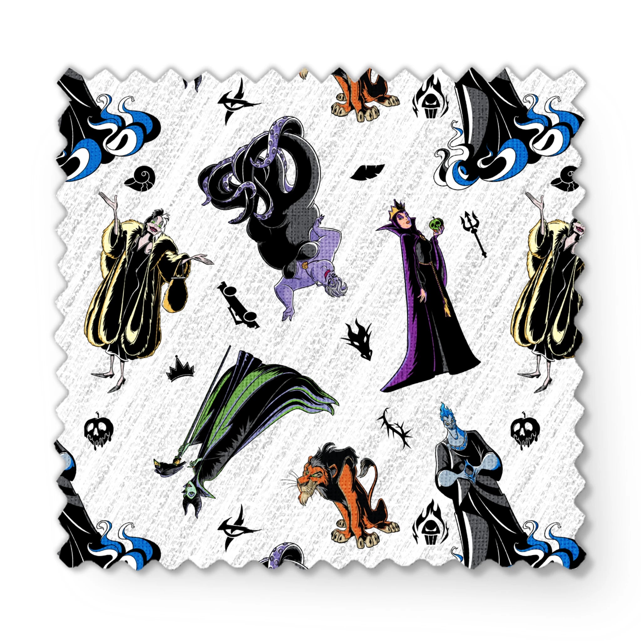 Disney villains pattern with stylized character silhouettes in black, purple, green, and orange on textured white background fabric swatch mockup