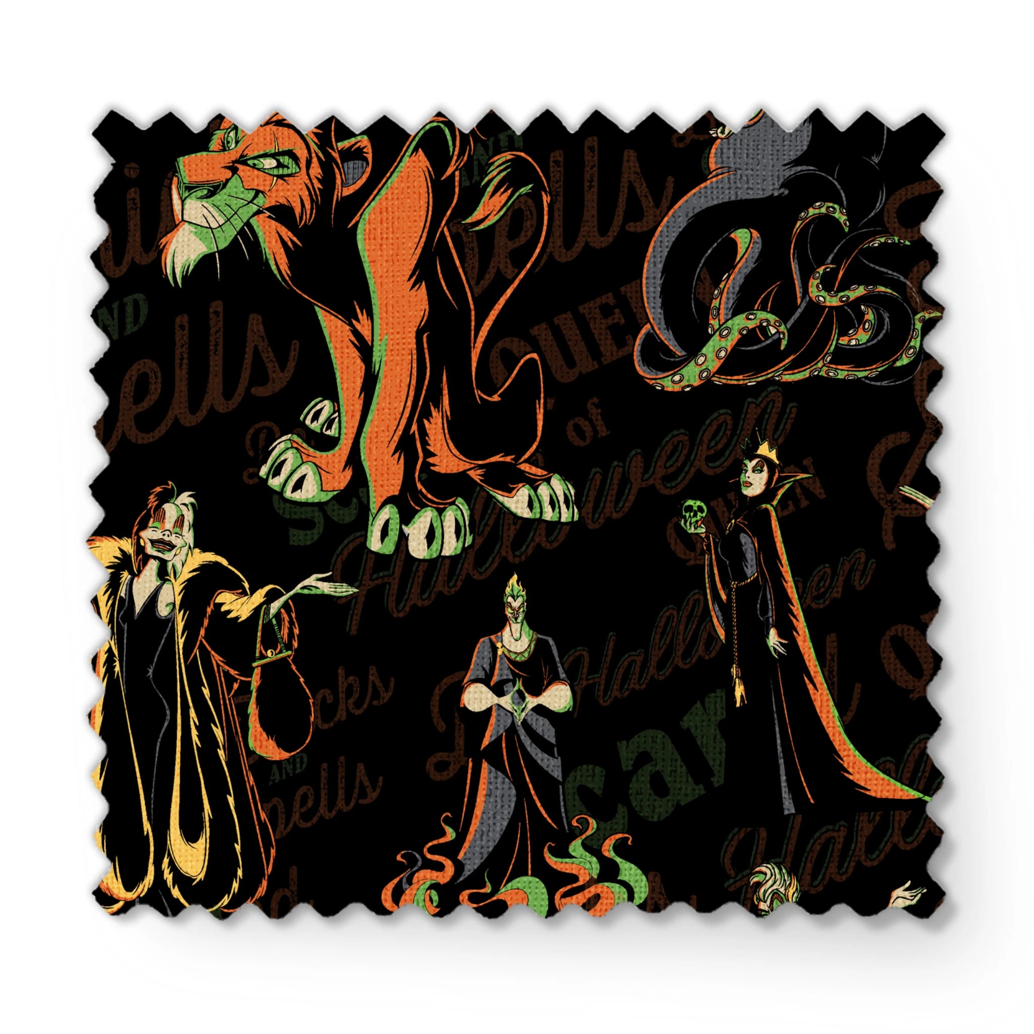 Dark background with Disney Villains in orange, green, and yellow silhouettes arranged in a repeating pattern fabric swatch mockup
