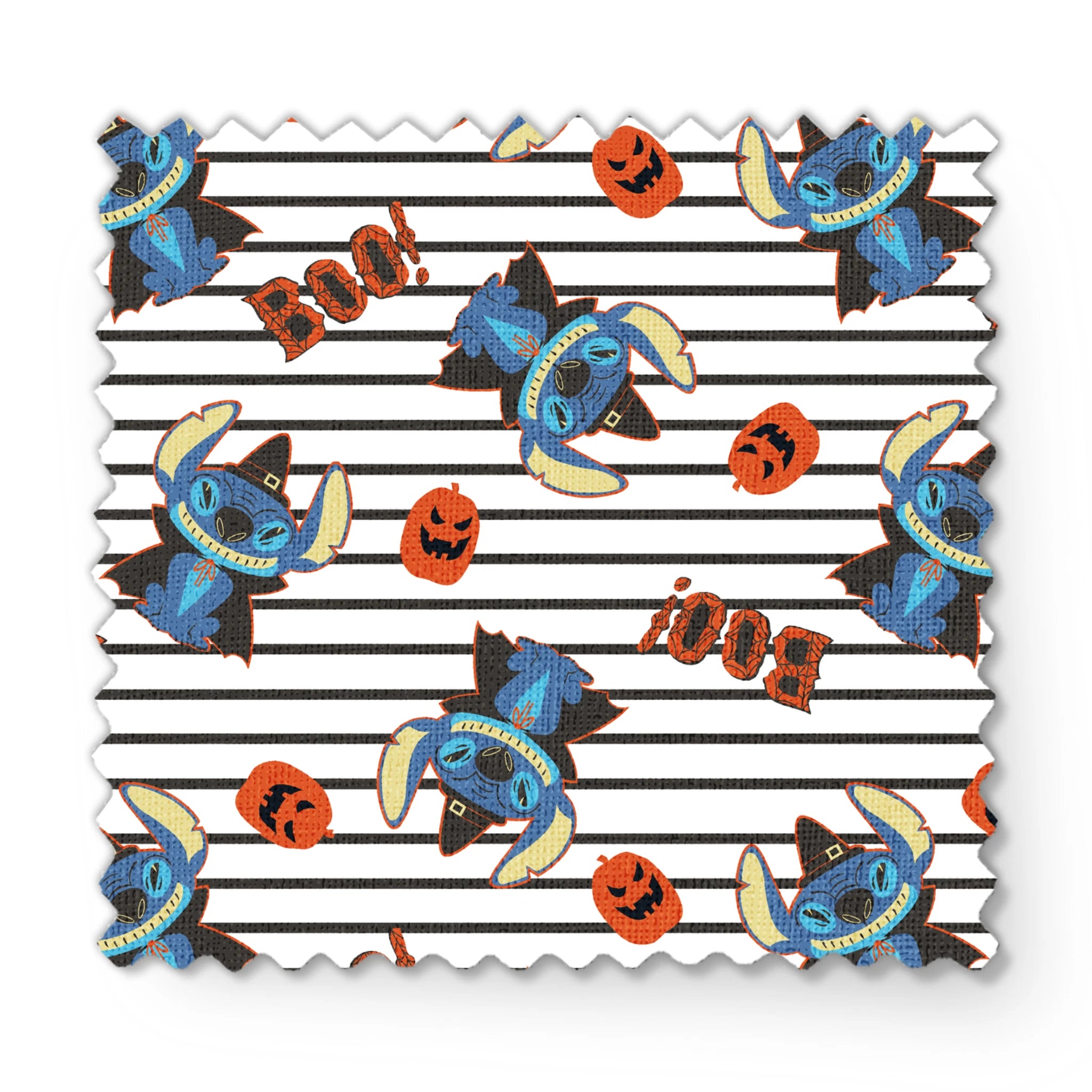 Disney's Stitch with witch hat alongside orange pumpkins on black and white striped background fabric swatch mockup