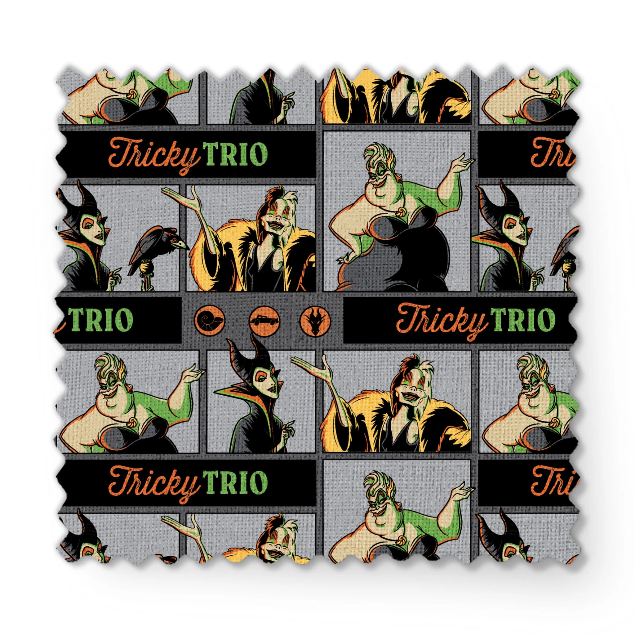 Cartoon-style villains "Tricky Trio" pattern with Maleficent, Cruella, and Ursula in green and orange text fabric swatch mockup