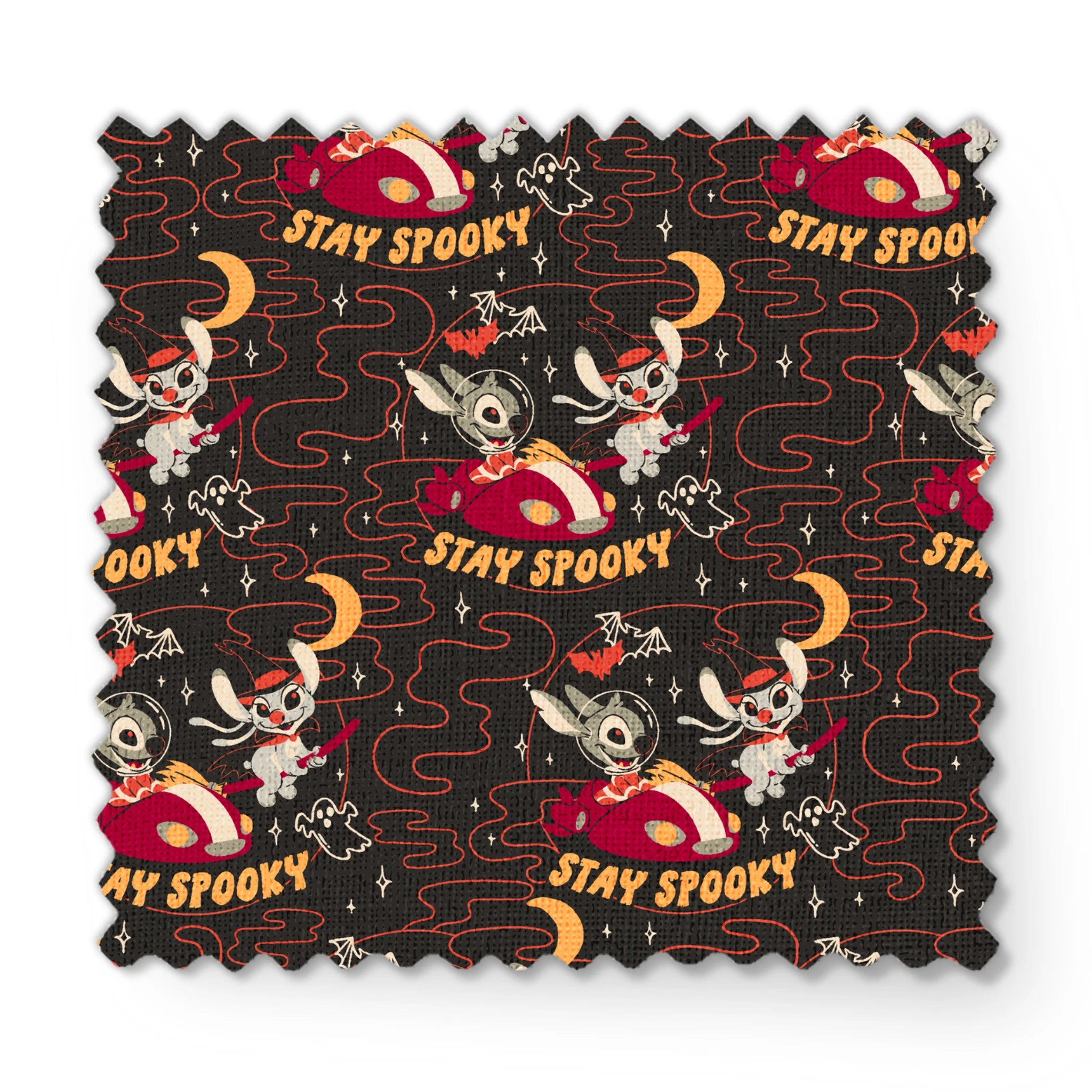 Repeating Halloween pattern with Stitch, "STAY SPOOKY" text, crescent moons, and swirling red lines on dark background. fabric swatch mockup