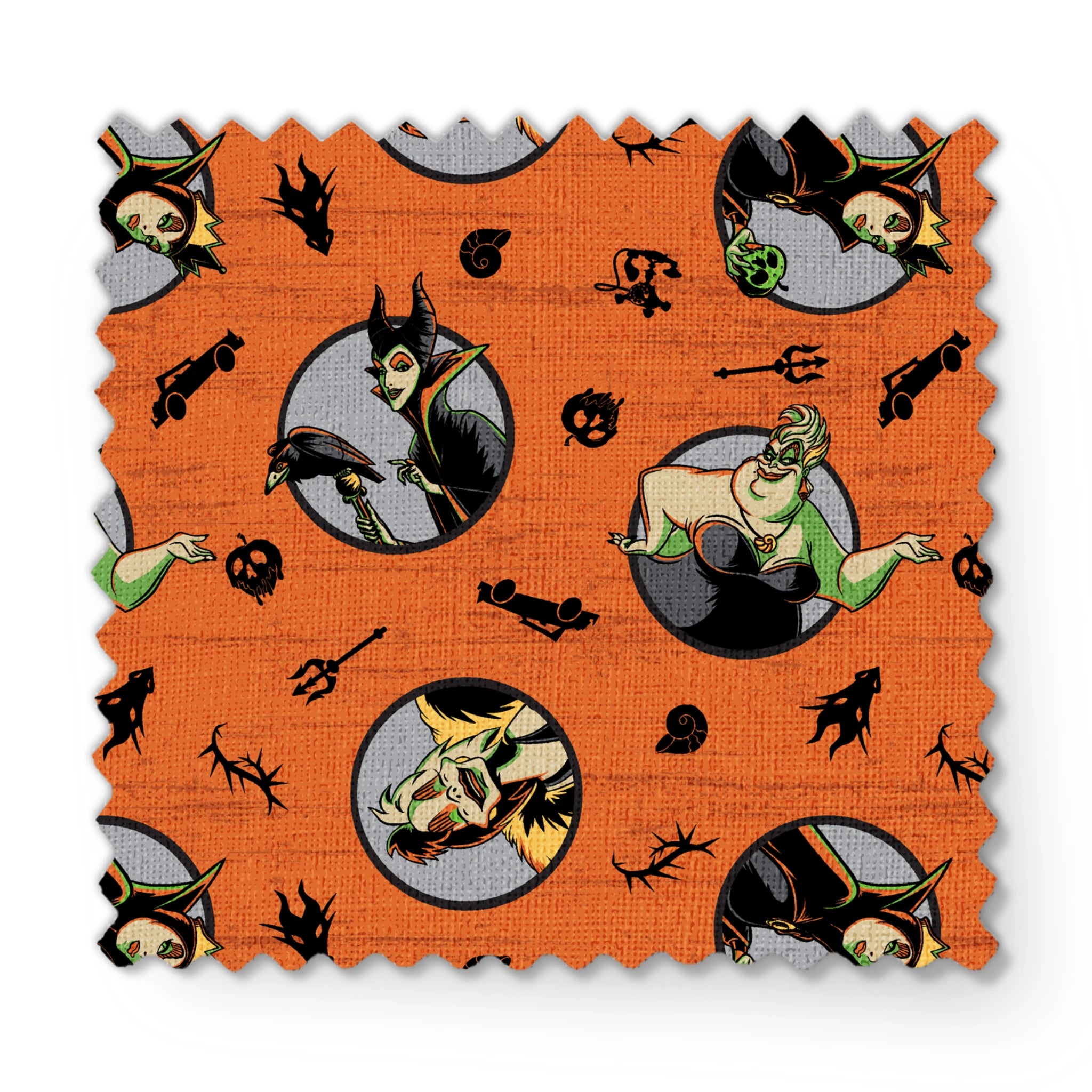 Halloween-themed orange pattern with circular Disney Villain portraits, black cats, bats, pumpkins, and spooky symbols fabric swatch mockup
