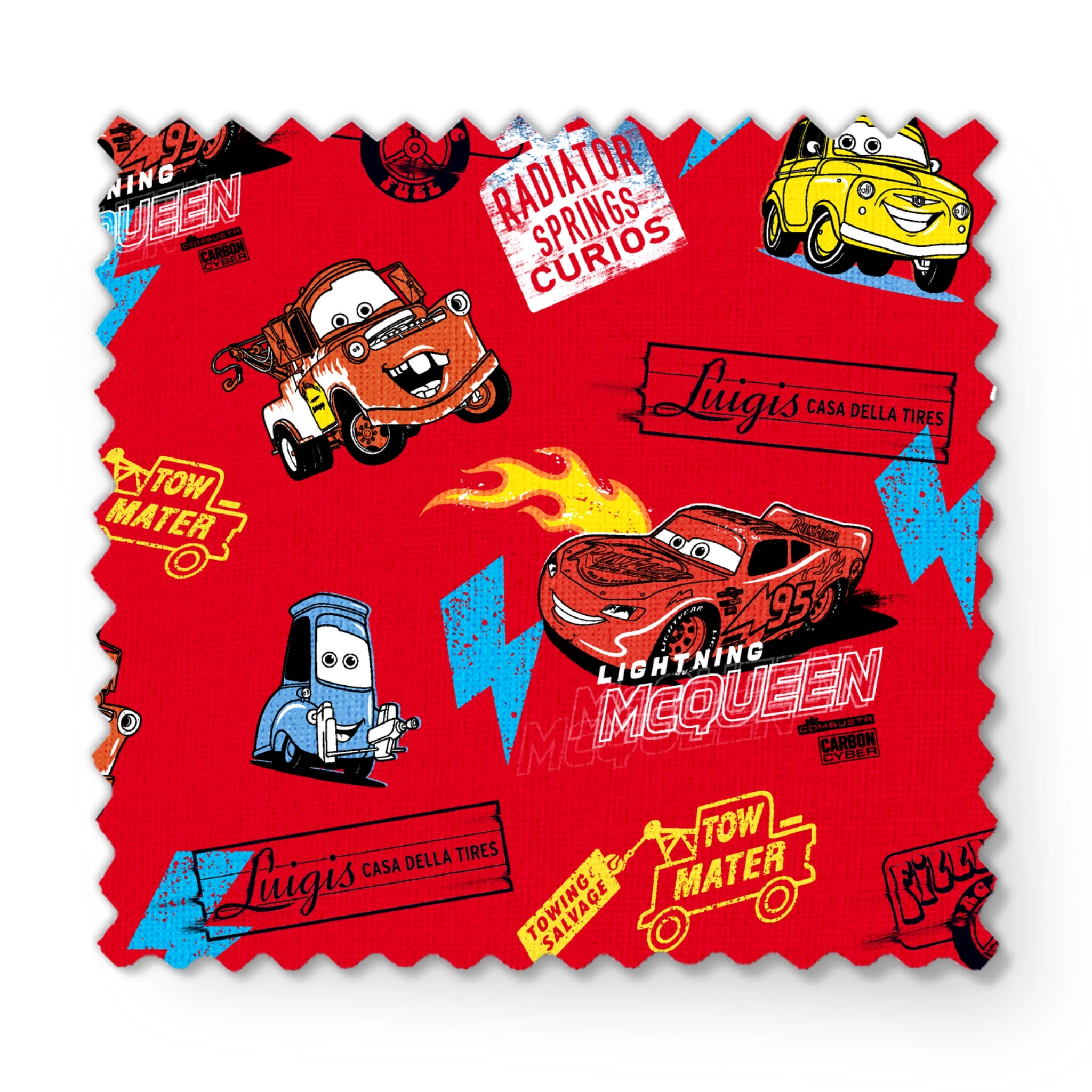 Colorful Disney Cars pattern featuring Lightning McQueen and Mater on vibrant red background with logos fabric swatch mockup