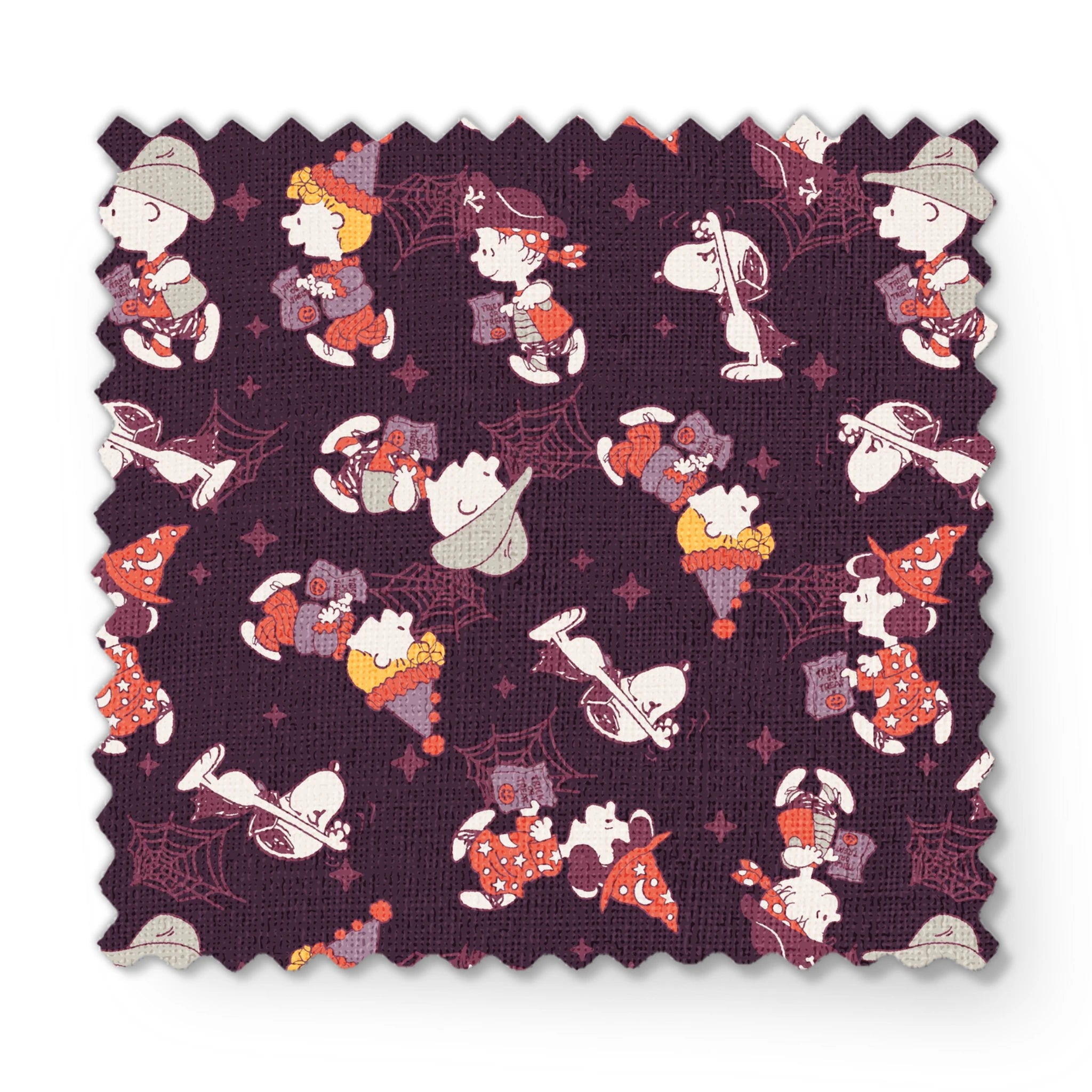 Snoopy and Peanuts characters in Halloween costumes scattered on dark purple background fabric swatch mockup