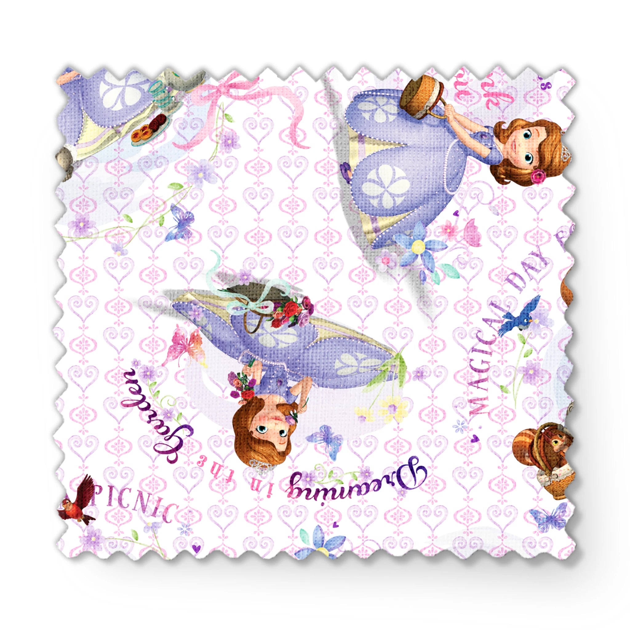 Disney Sofia the First Princess-themed pattern with characters in purple dresses, crowns, and the text "Beautiful Princess" on light purple background fabric swatch mockup
