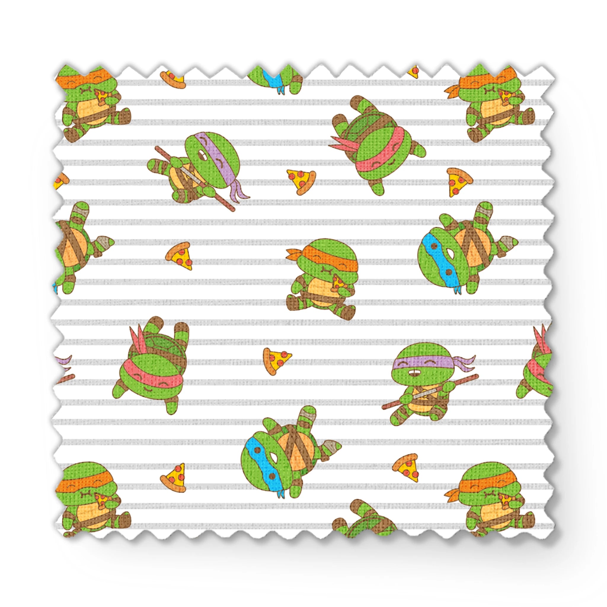 Teenage Mutant Ninja Turtles in various poses with pizza slices on gray striped background fabric swatch mockup