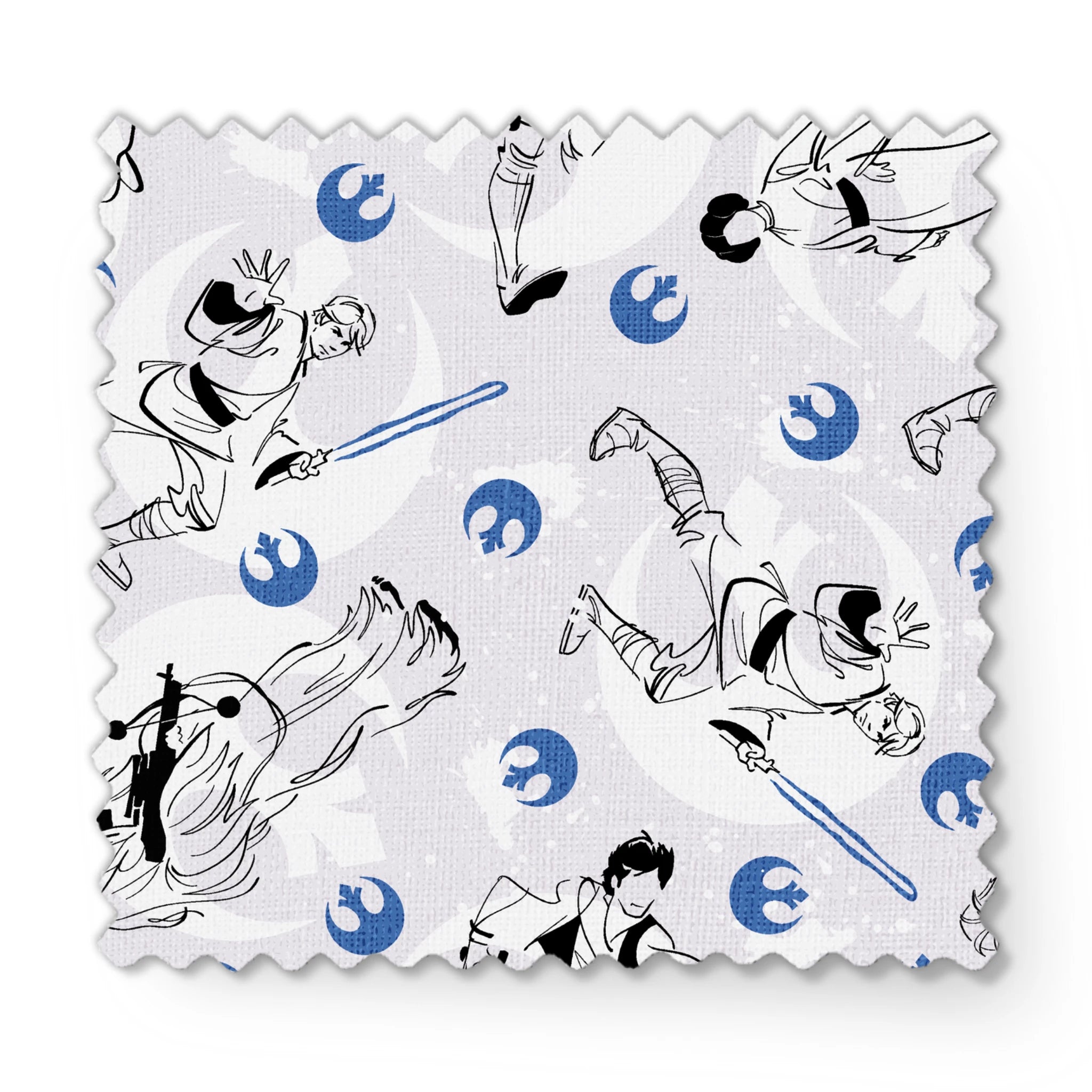 Star Wars characters with lightsabers pattern featuring Rebel Alliance logos on light background fabric swatch mockup