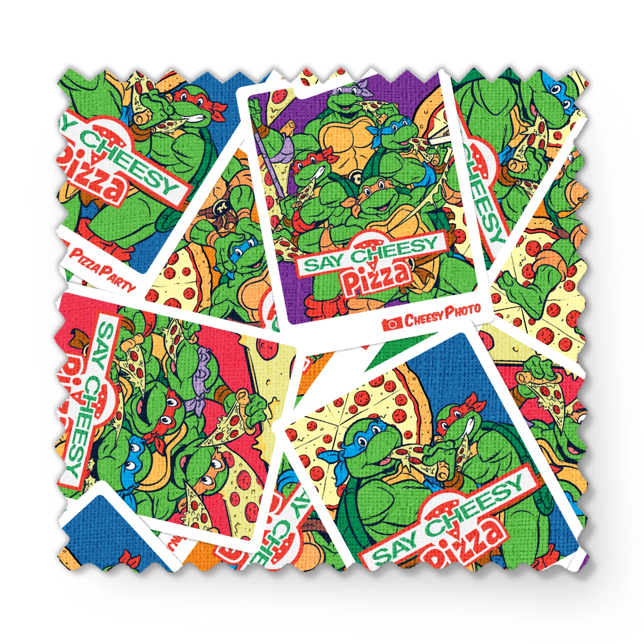 Scattered vintage Teenage Mutant Ninja Turtles trading cards with colorful comic-style artwork fabric swatch mockup