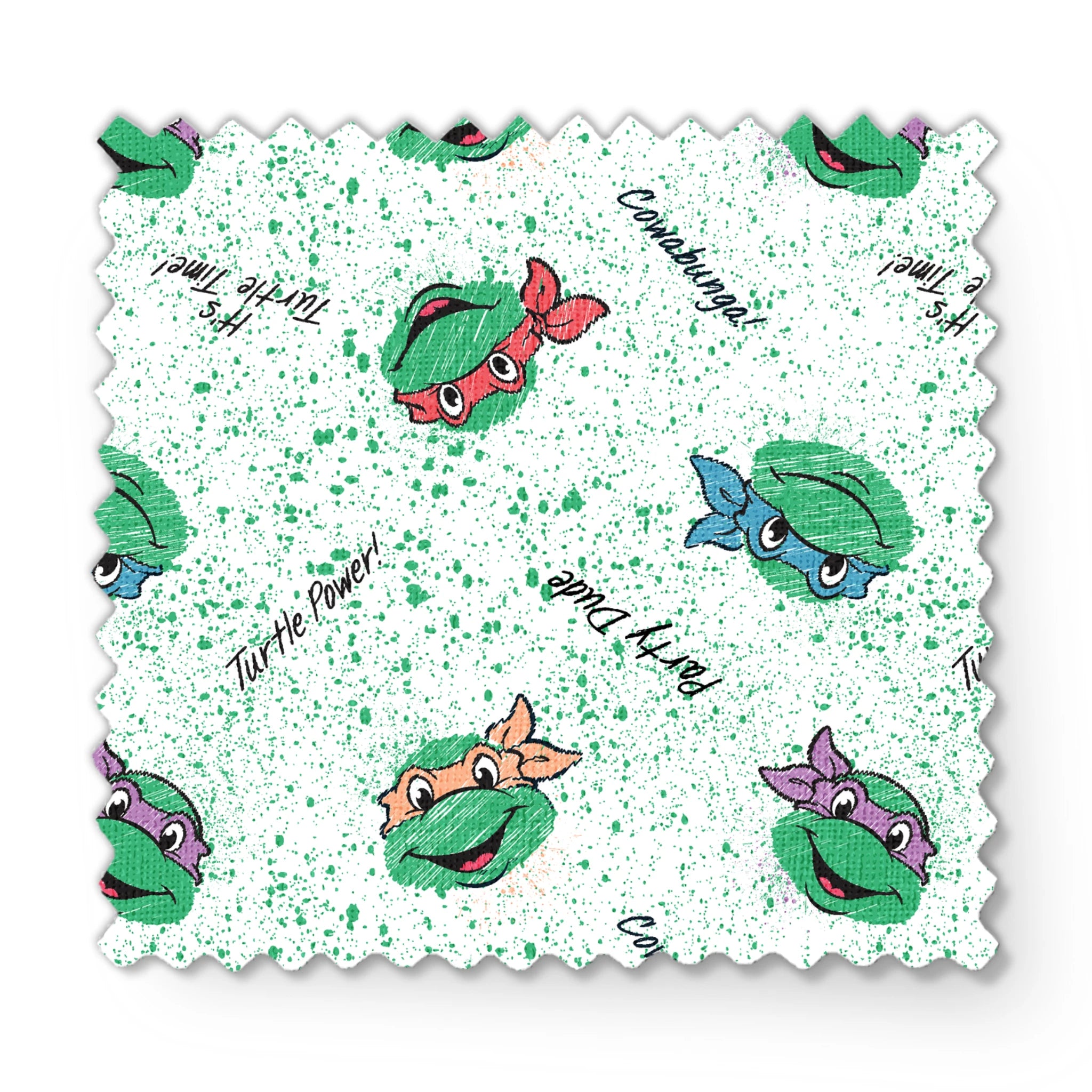 Pattern of Teenage Mutant Ninja Turtles with colorful masks on speckled green background with phrases like "Turtle Power! fabric swatch mockup