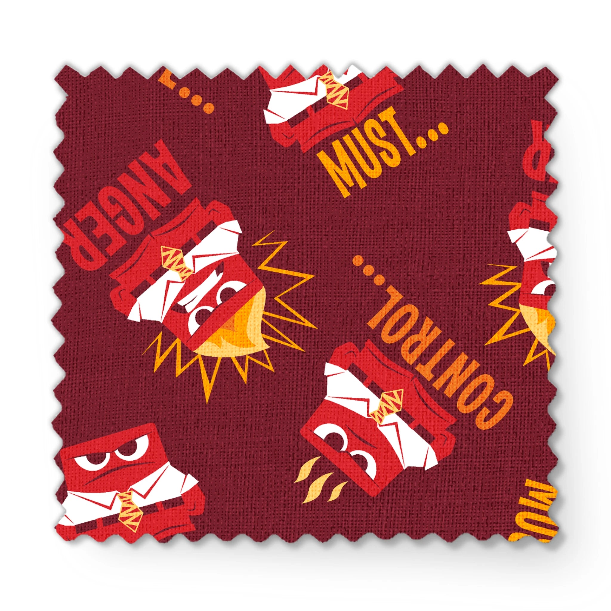 Red background pattern with Anger from Inside Out, explosions, and words "MUST... CONTROL... ANGER fabric swatch mockup