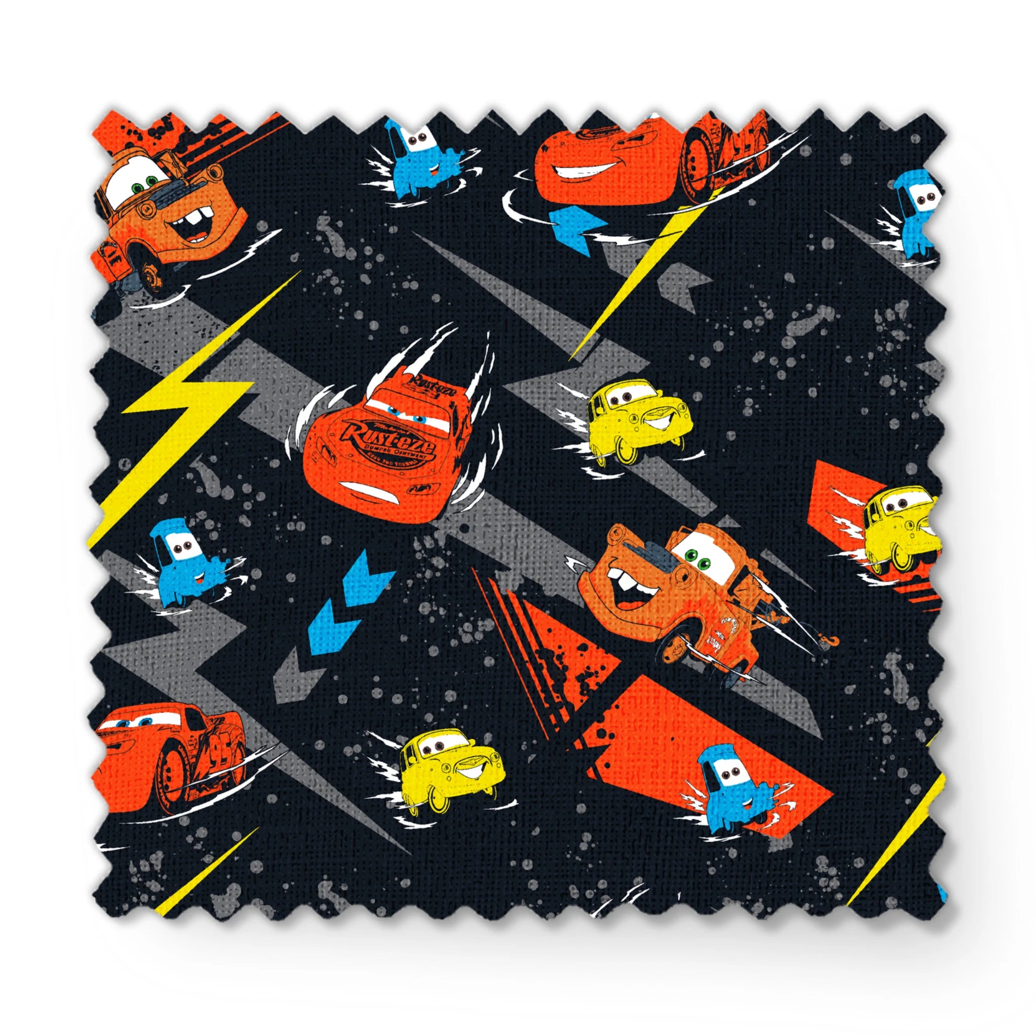 Pattern of animated red race cars with lightning bolt designs on dark background with yellow lightning strikes and blue accents fabric swatch mockup