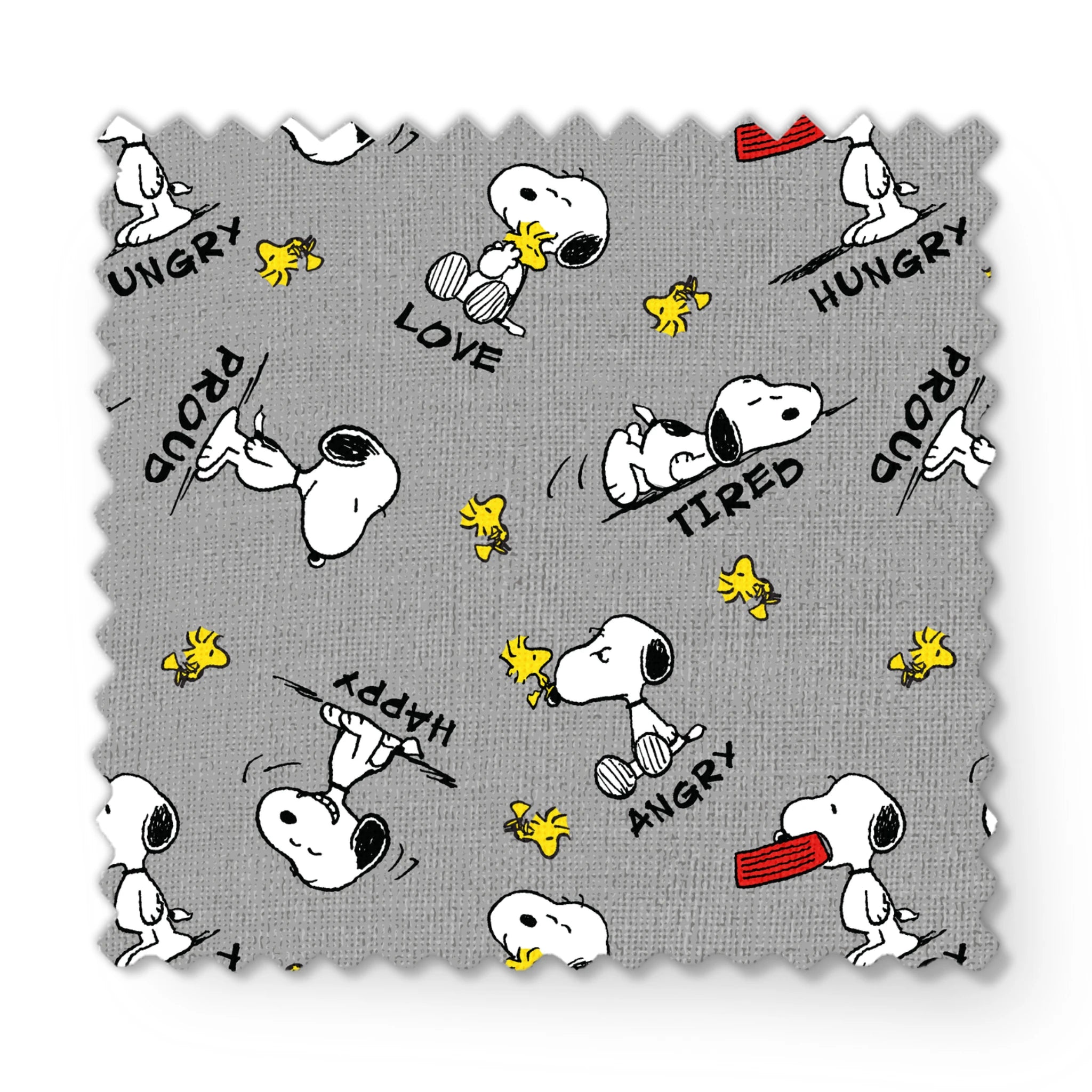 Snoopy cartoon pattern on gray background with emotions like "Hungry" and "Love" with Woodstock fabric swatch mockup