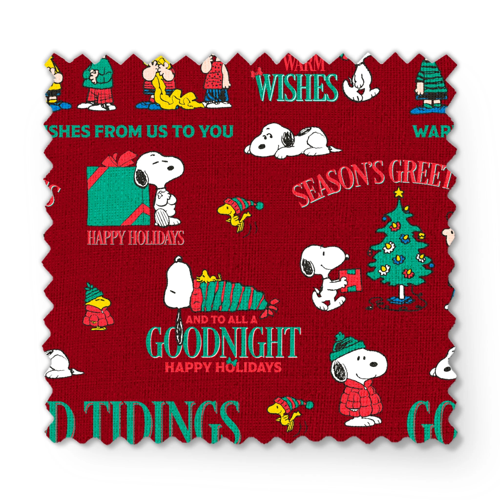 Colorful Peanuts Christmas pattern with Snoopy, Woodstock, and friends with holiday phrases on red background fabric swatch mockup