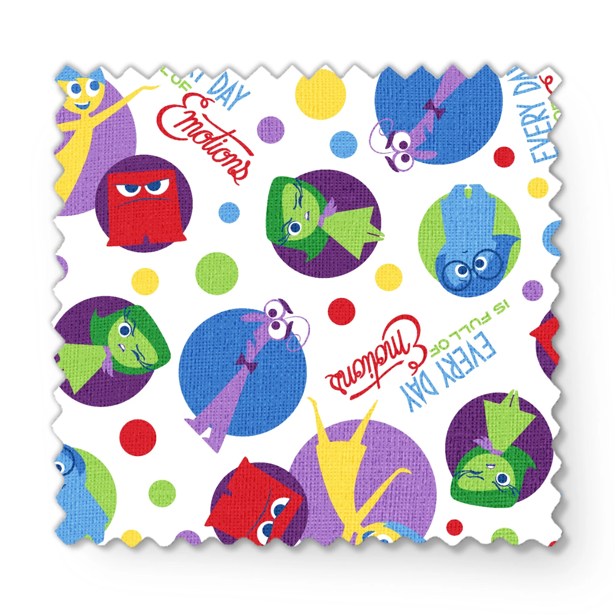 Colorful Inside Out characters in circles - Joy, Sadness, Fear, Disgust, and Anger on polka dot background fabric swatch mockup