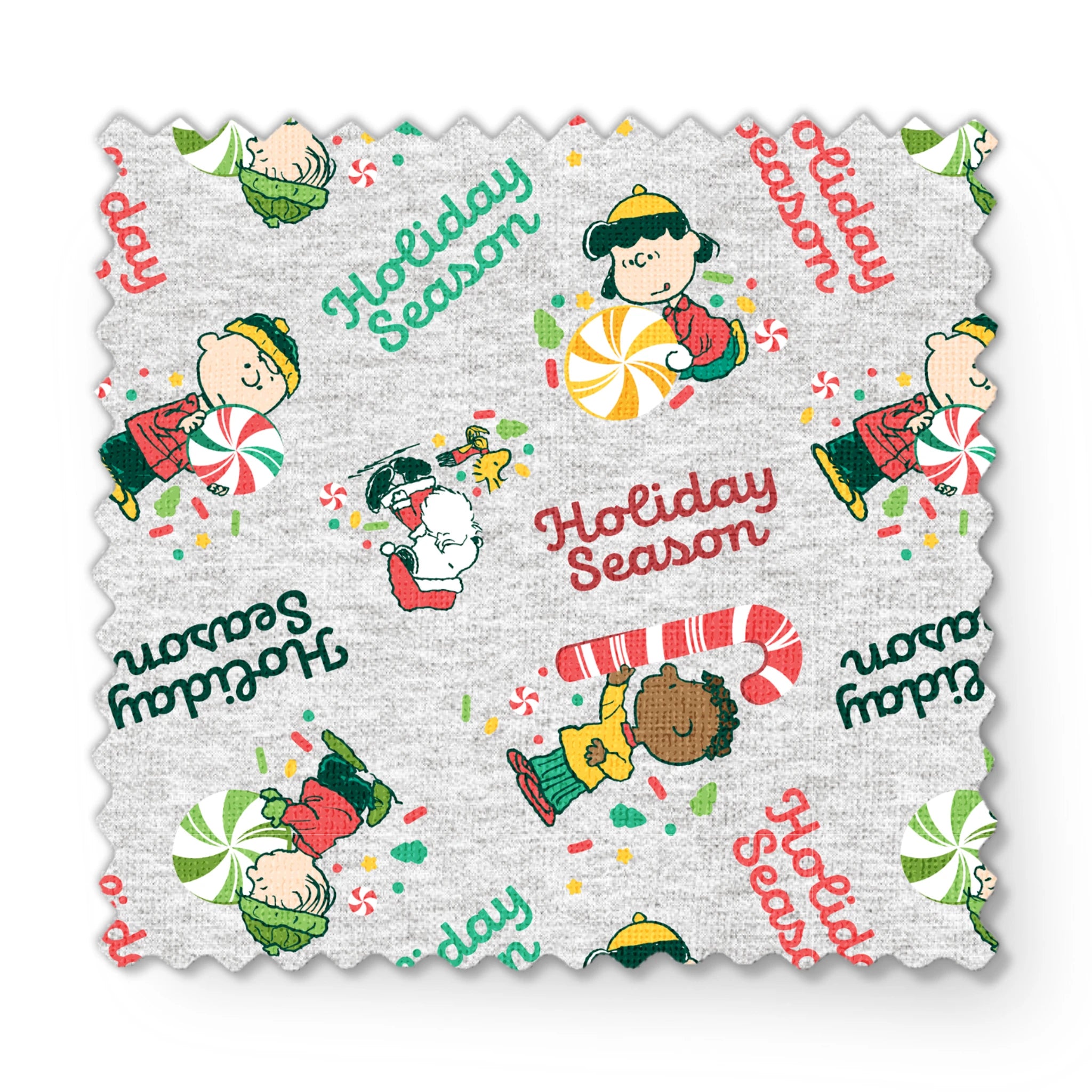 Festive Peanuts characters with candy canes and peppermints on gray background with "Holiday Season" text fabric swatch mockup