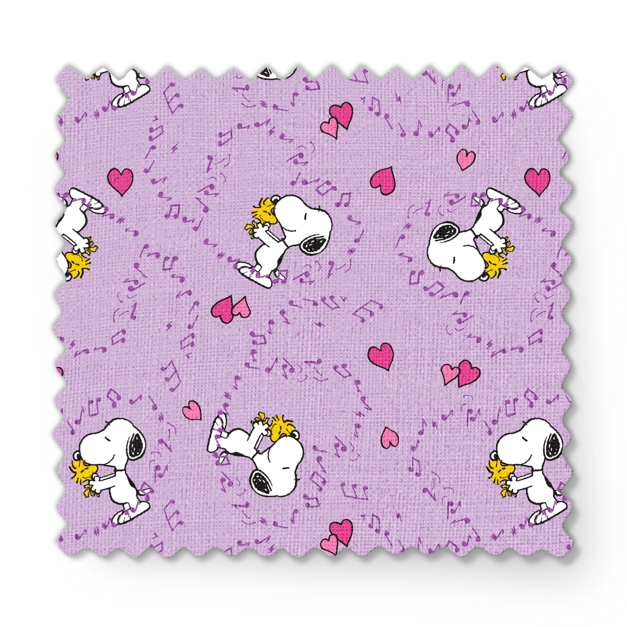 Snoopy and Woodstock on purple background with pink hearts and music notes fabric swatch mockup