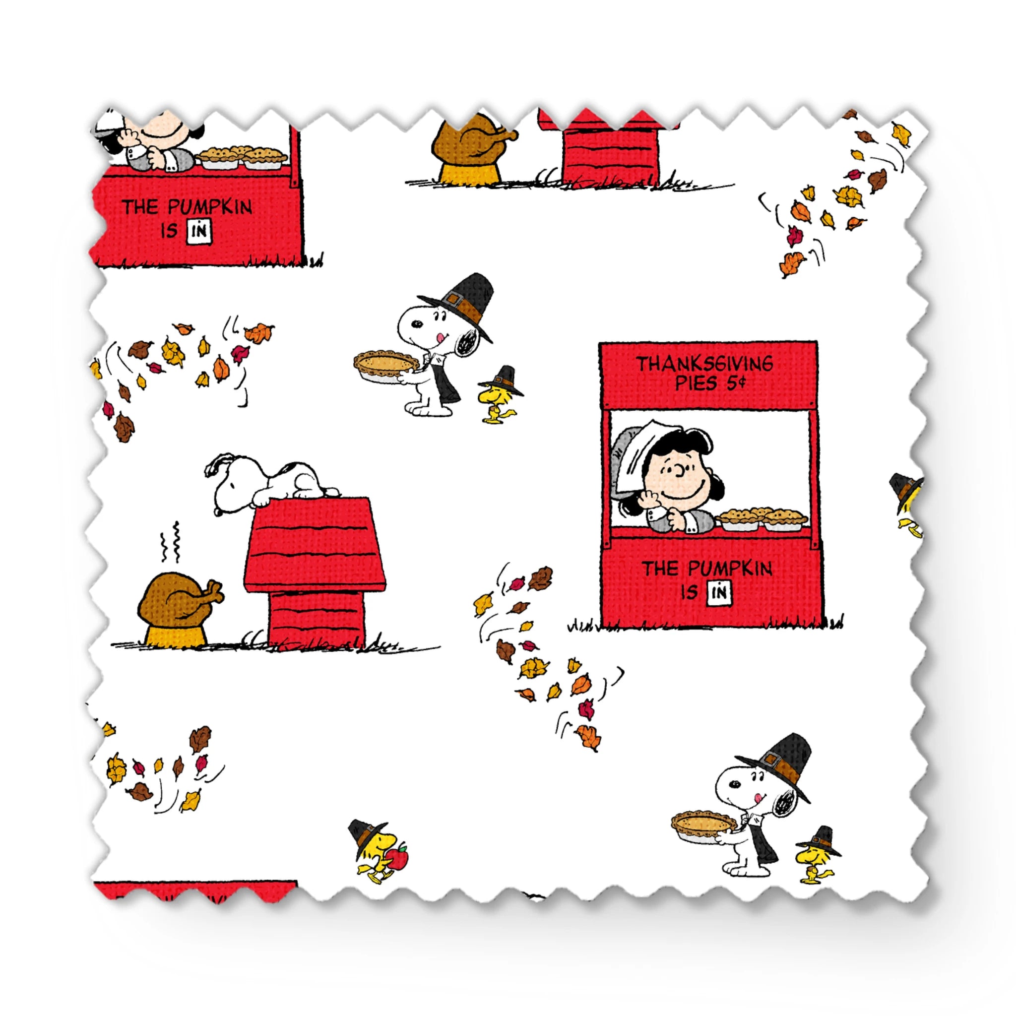 Peanuts Thanksgiving pattern with Snoopy, red booths, doghouses, and falling autumn leaves on white background fabric swatch mockup