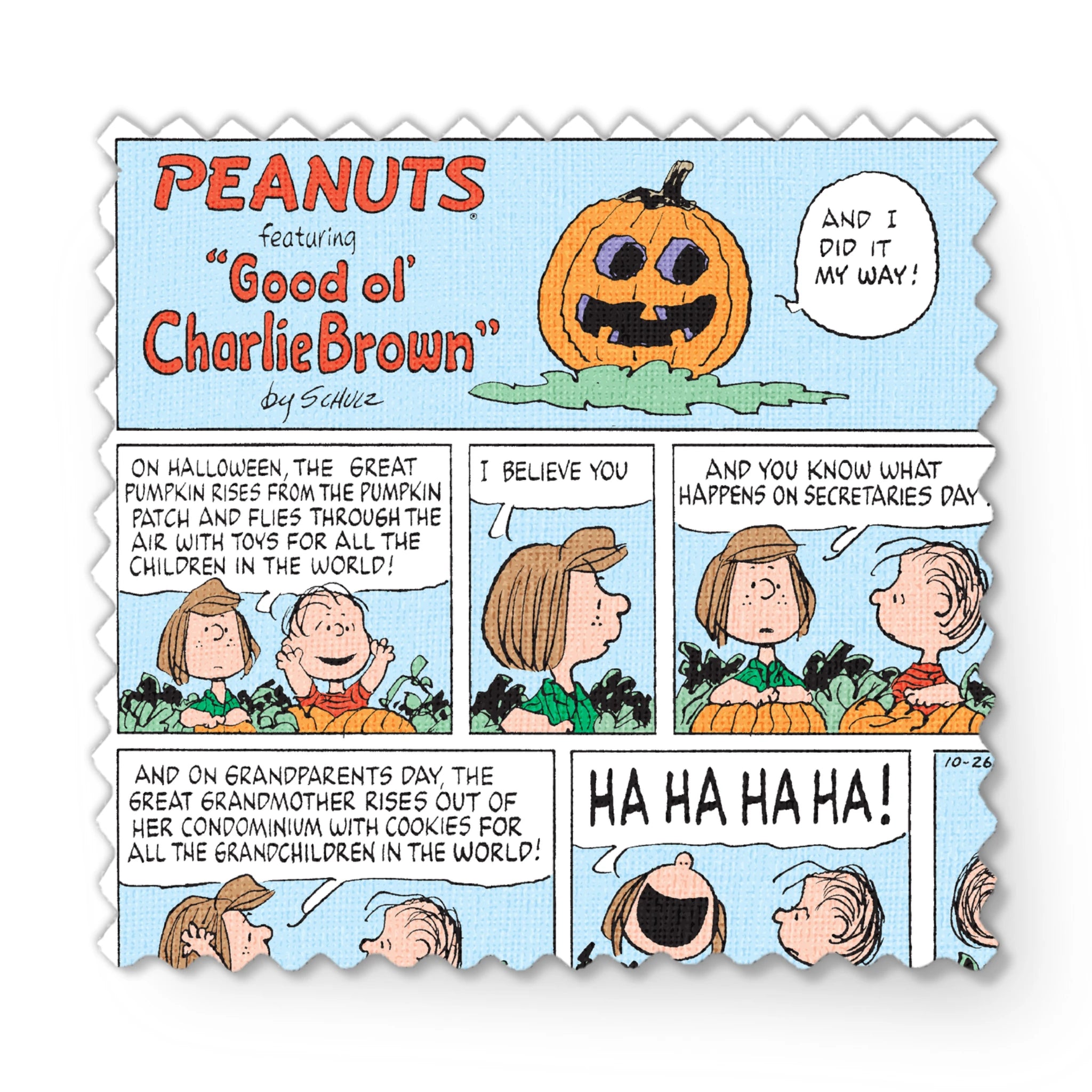 Peanuts comic strip featuring "Great Pumpkin" Halloween storyline with cartoon children and jack-o'-lantern imagery across multiple panels. fabric swatch mockup