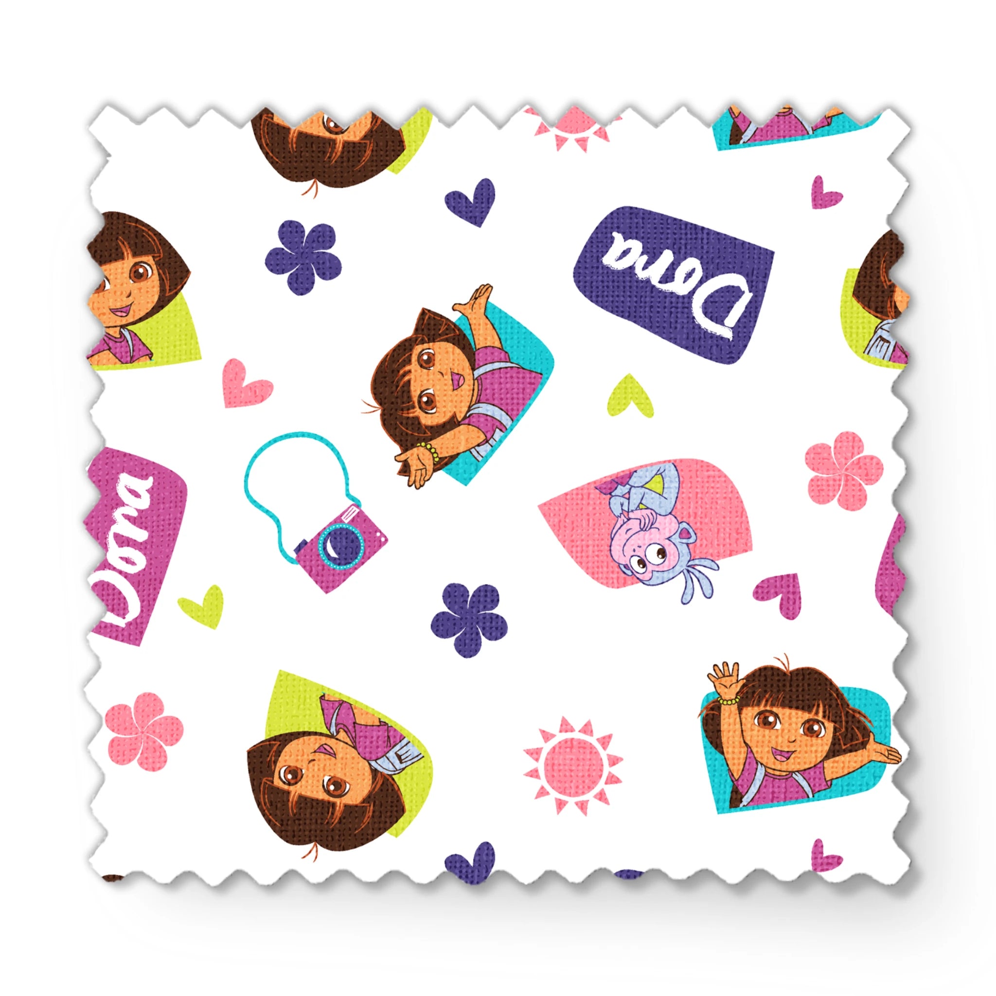 Cartoon pattern featuring Dora the Explorer characters, purple logos, pink hearts, and flowers on white background. fabric swatch mockup