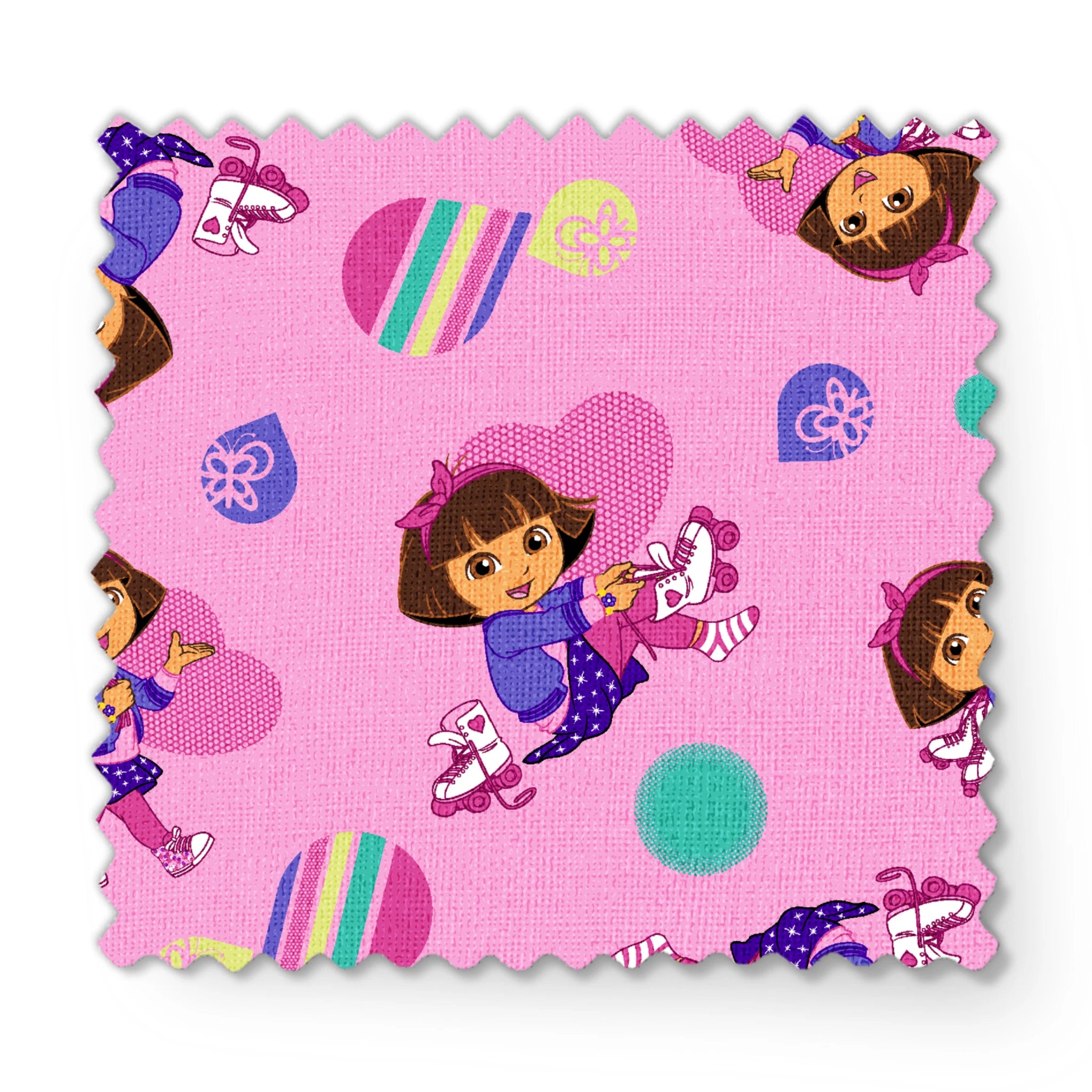 Dora the Explorer pattern with purple background, colorful polka dots and striped shapes fabric swatch mockup
