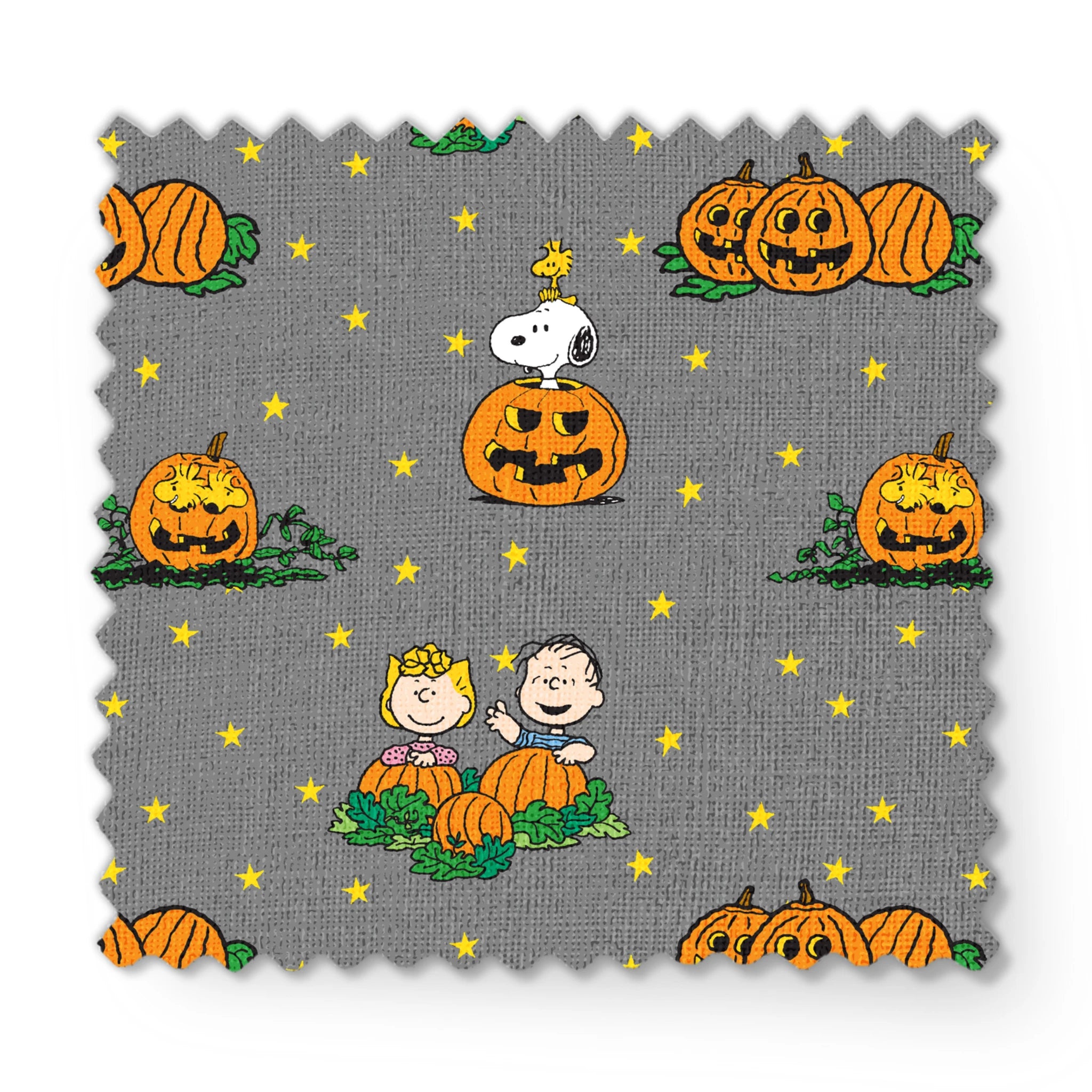Peanuts Halloween pattern with Snoopy on pumpkins, Peanuts characters in pumpkin patches, and yellow stars on gray background. fabric swatch mockup