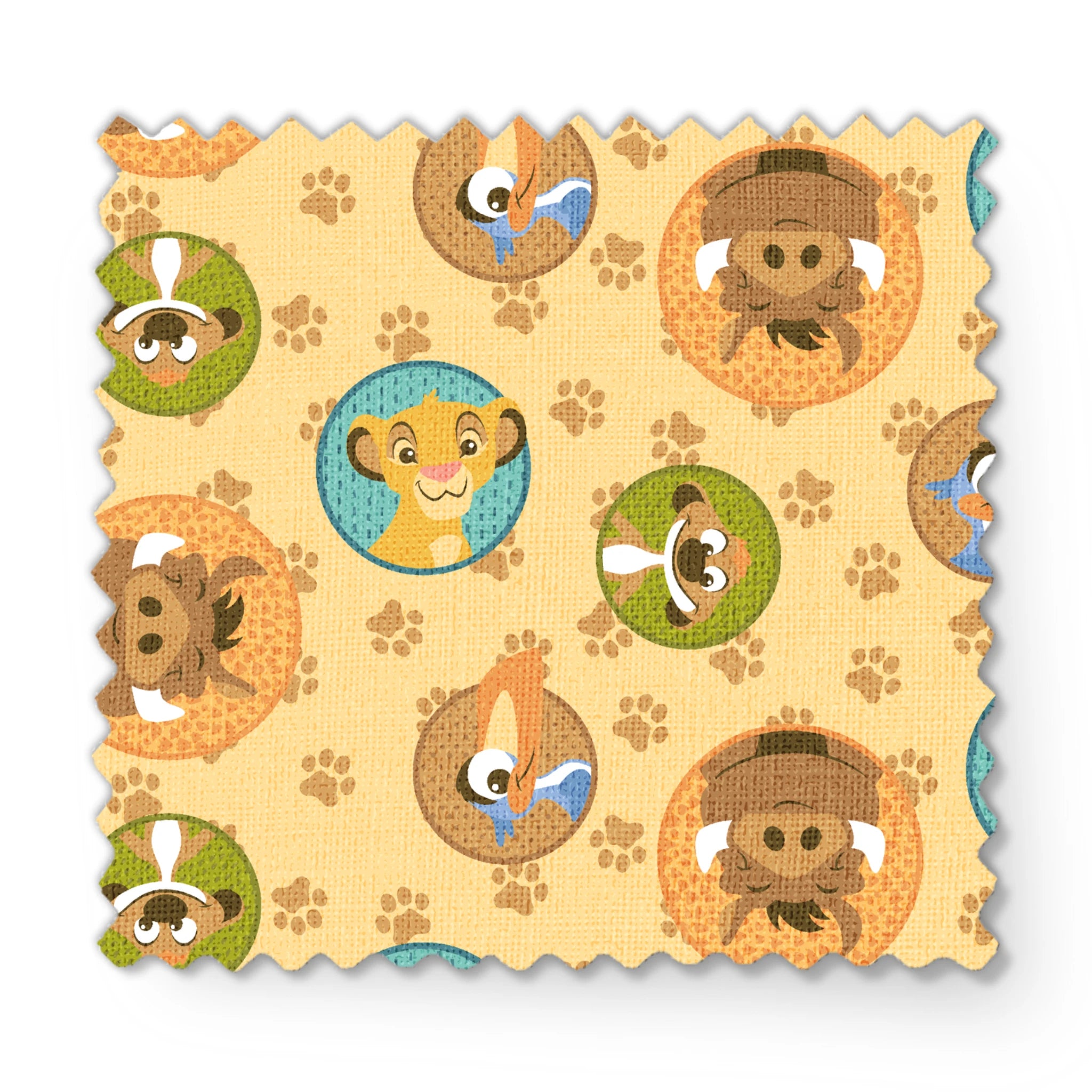 Cartoon animal faces in circular frames on beige background with paw prints - lion, monkey, dog, bird fabric swatch mockup