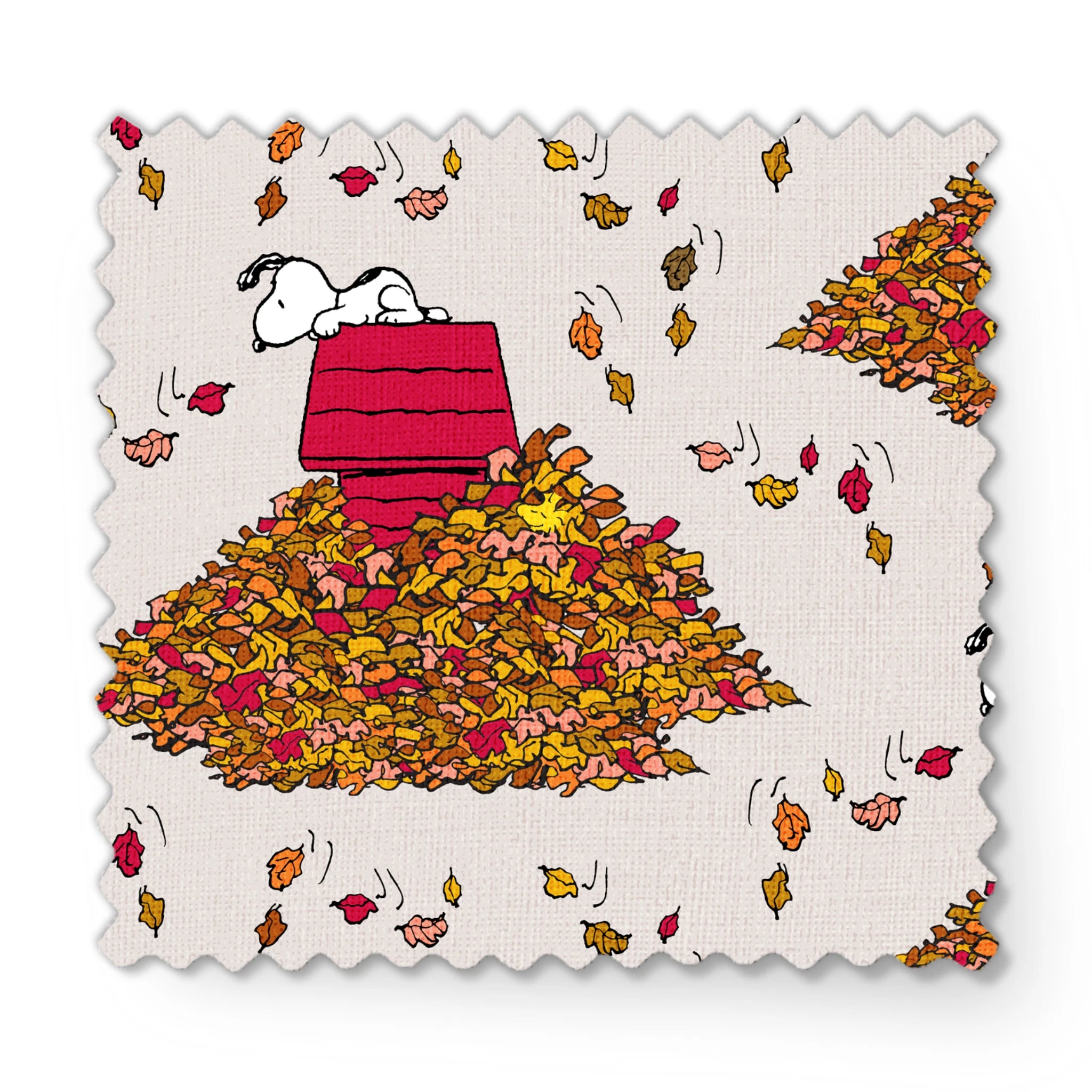 Snoopy and red doghouse on colorful autumn leaf piles with falling leaves pattern on beige background fabric swatch mockup