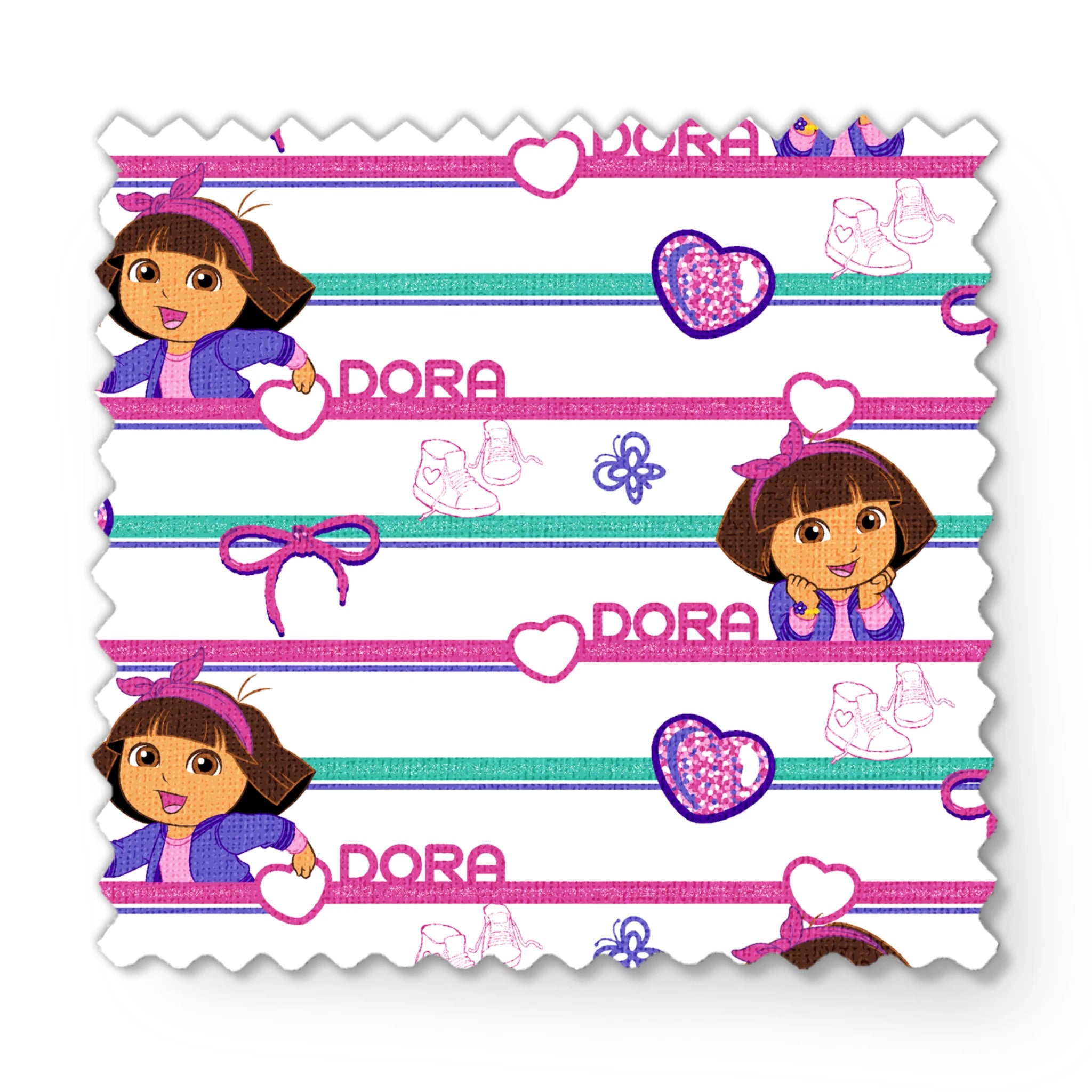 Colorful Dora the Explorer pattern with horizontal stripes featuring purple hearts, bows, butterflies, and "DORA" text on pink and green backgrounds fabric swatch mockup