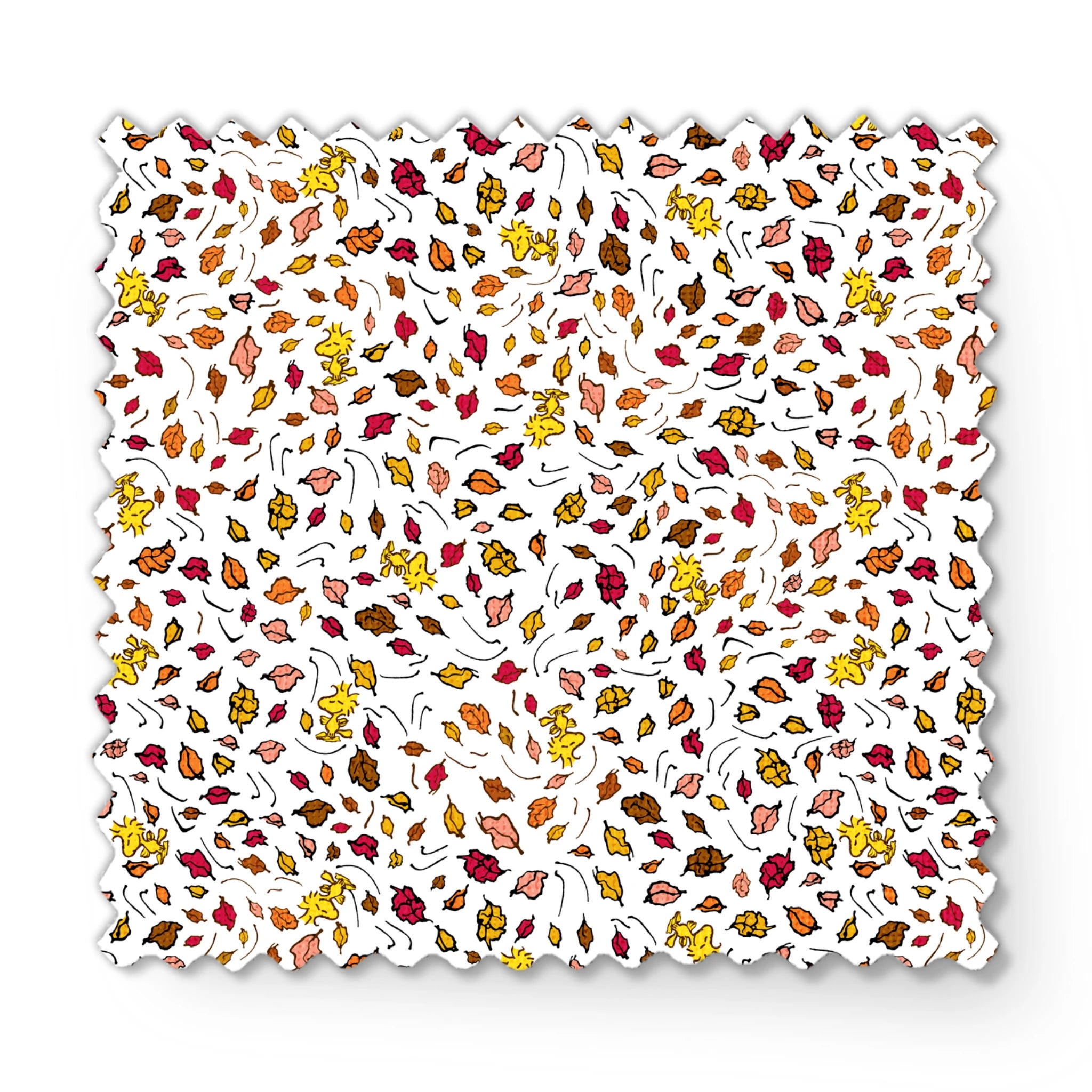 Colorful Peanuts autumn leaves pattern with Woodstock and yellow, red, and brown foliage scattered on white background fabric swatch mockup