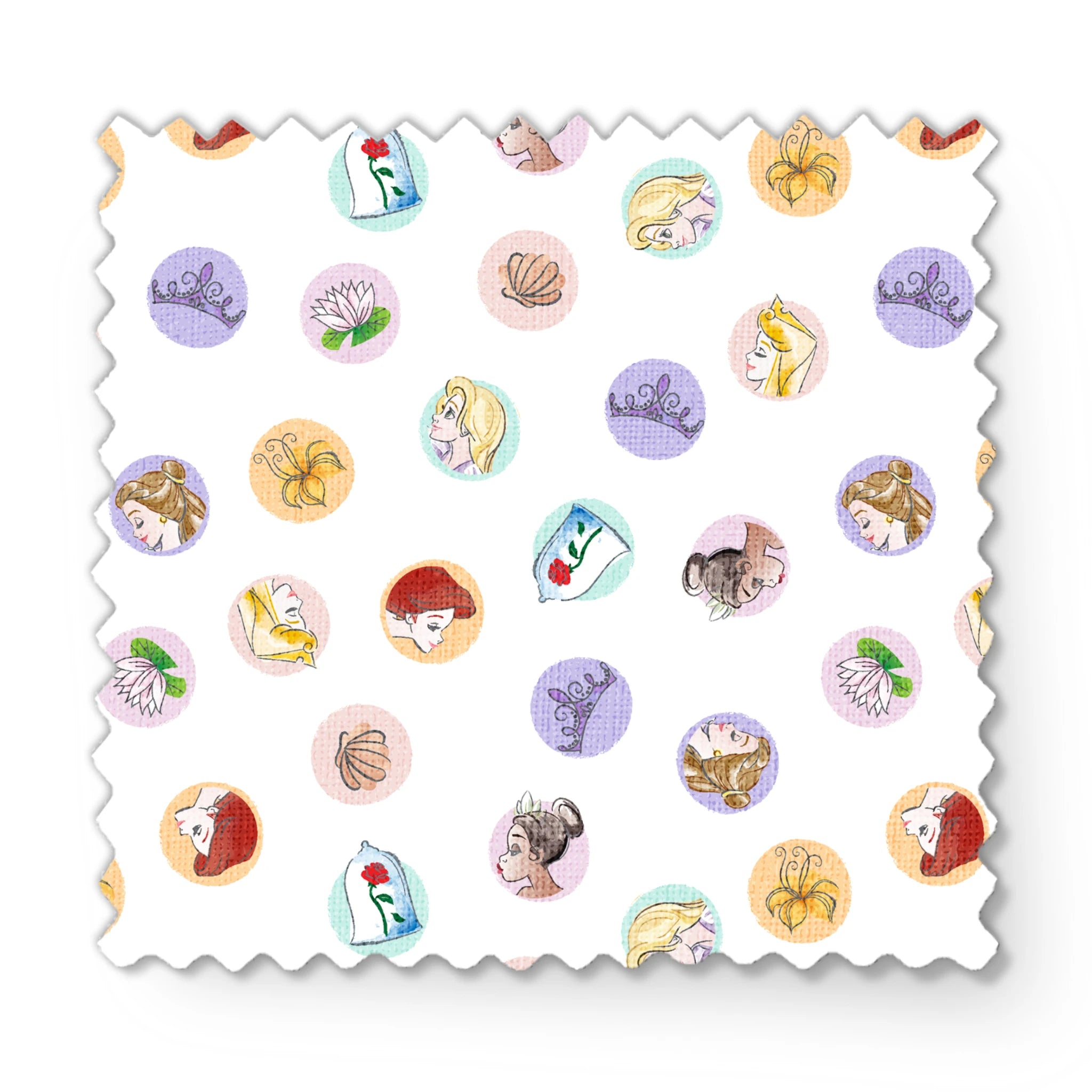 Colorful circular illustrations featuring Disney Princesses and symbols on white background fabric swatch mockup