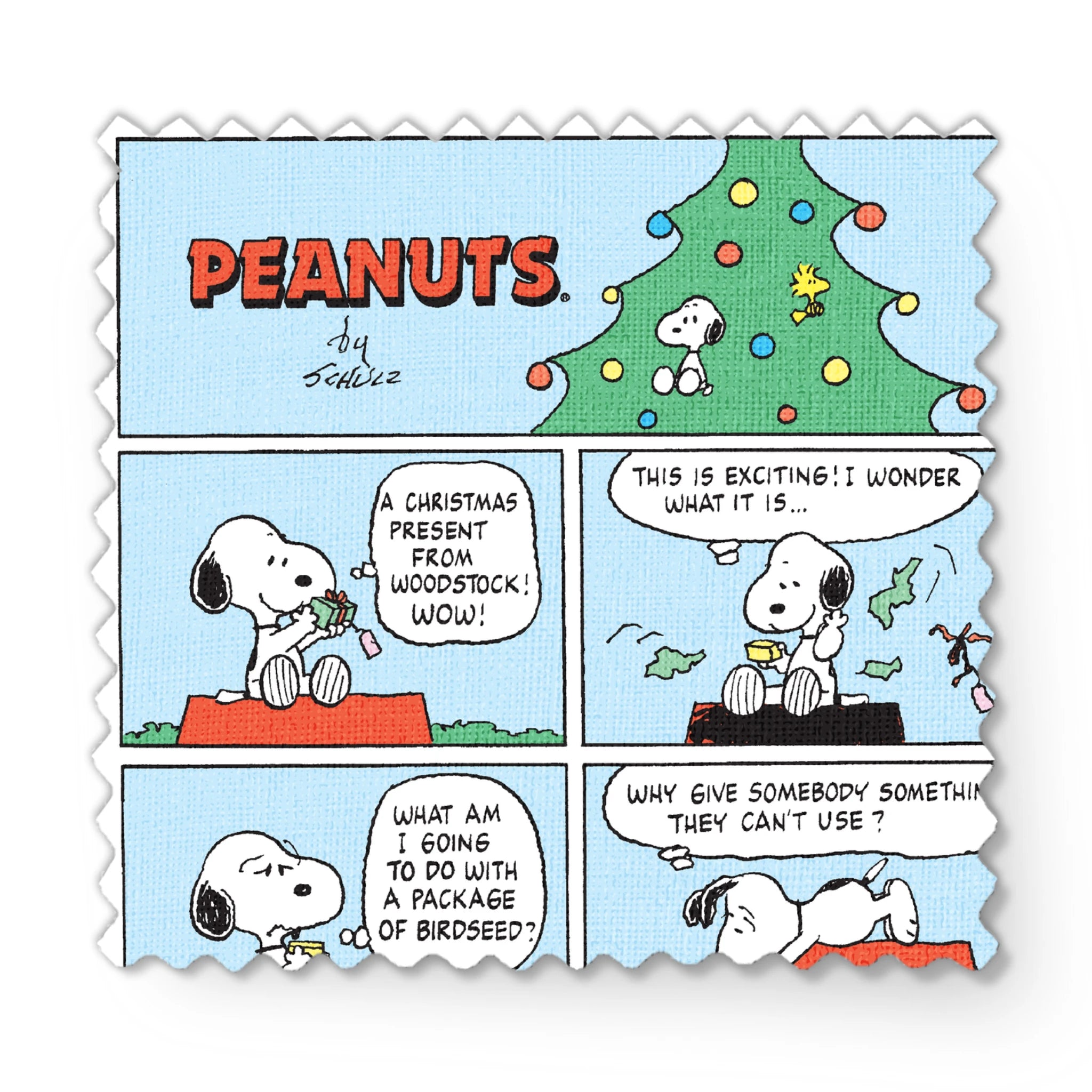 This is a Peanuts comic strip featuring Snoopy on his red doghouse with a Christmas tree visible. The panels show Snoopy preparing and decorating his doghouse for the holidays, with his yellow bird friend Woodstock appearing in a nest with Christmas lights. fabric swatch mockup