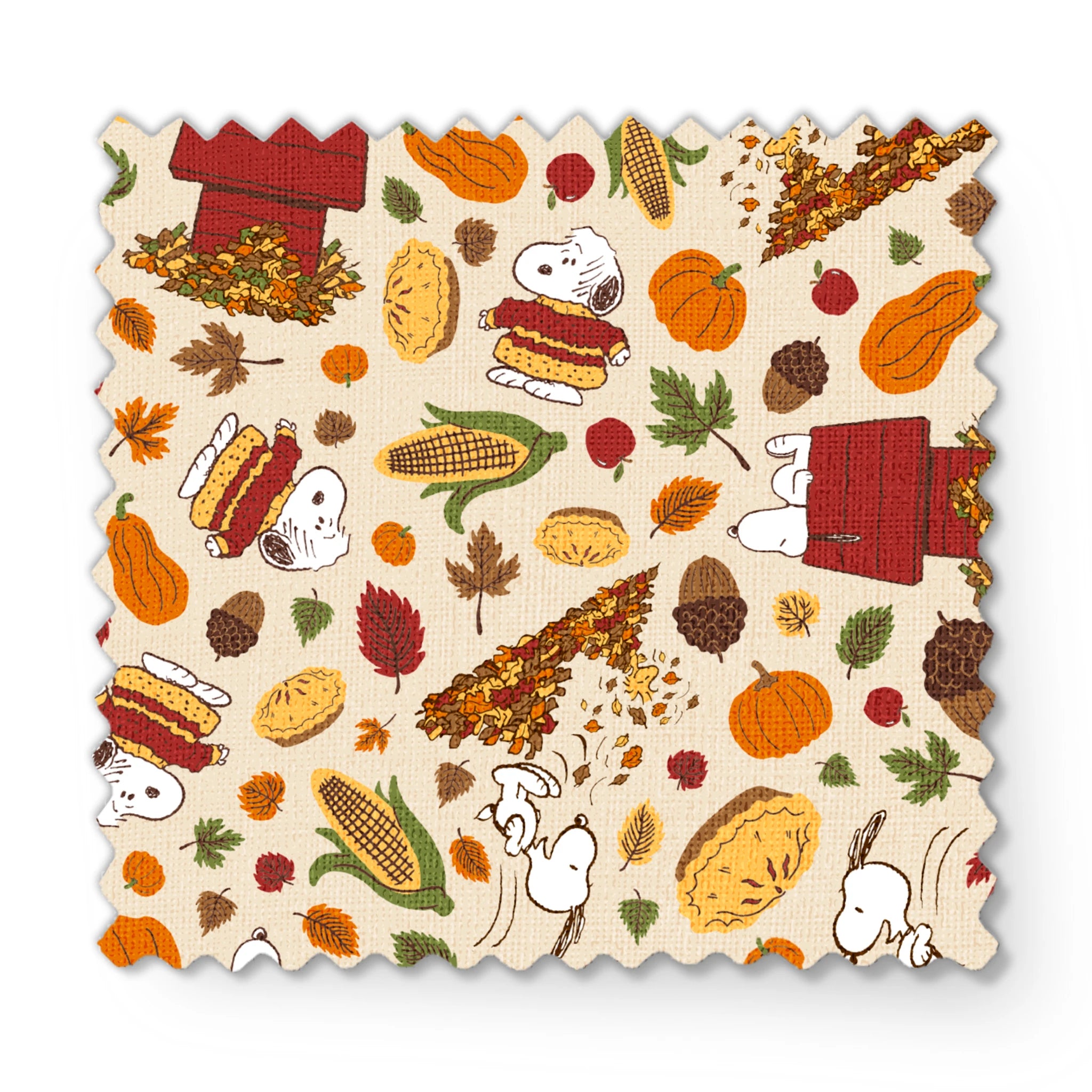 Fall themed pattern with Snoopy, red doghouses, pumpkins, corn, sandwiches, and autumn leaves on cream background fabric swatch mockup