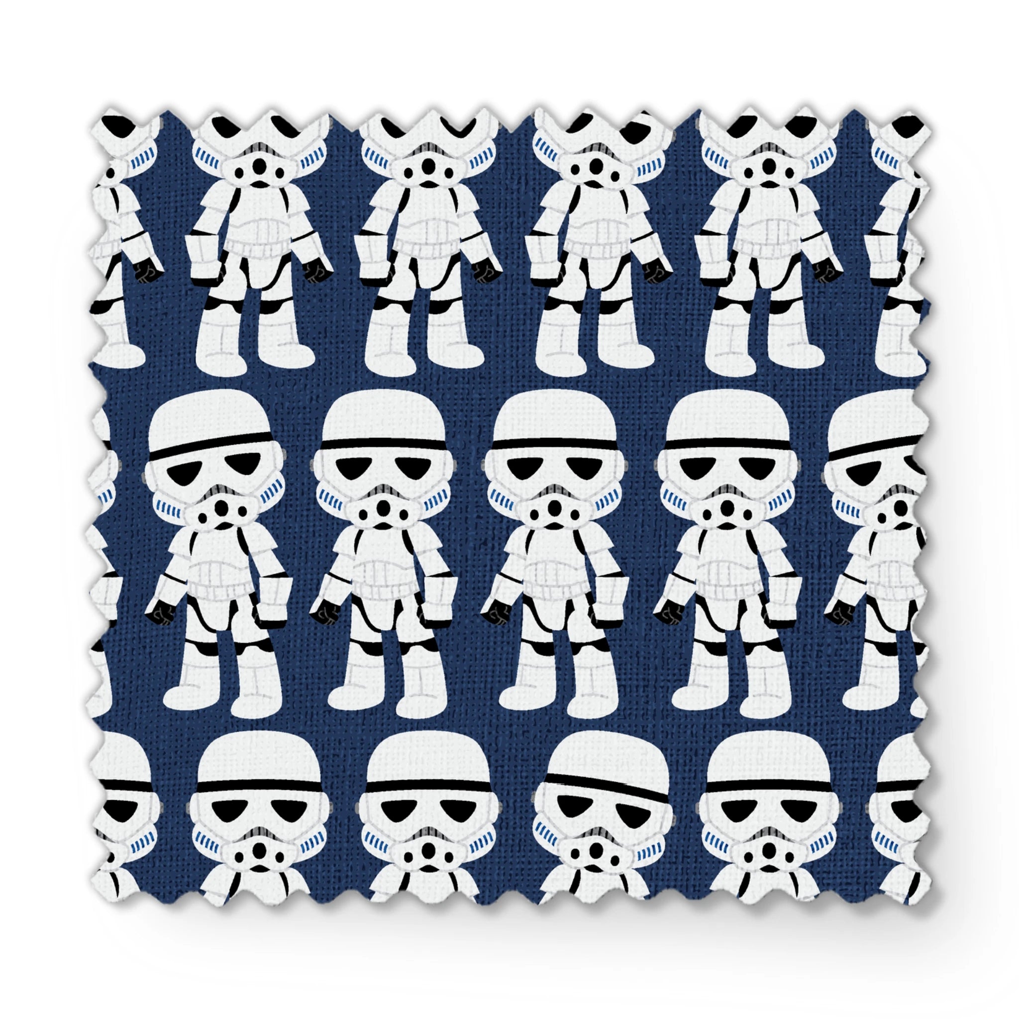 Repeated pattern of cartoon Stormtrooper characters in white armor against dark blue background fabric swatch mockup