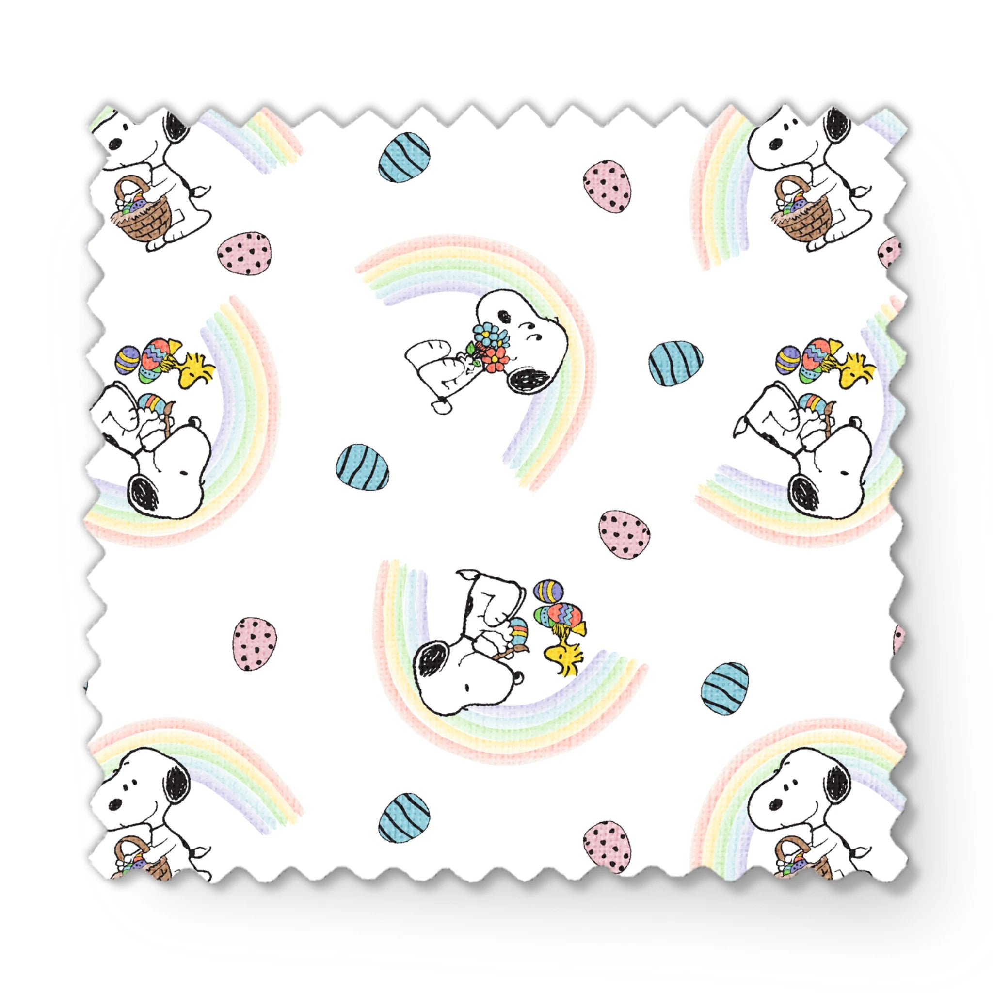 Snoopy pattern with Easter eggs, rainbows, and Woodstock, featuring Snoopy holding flowers and baskets fabric swatch mockup