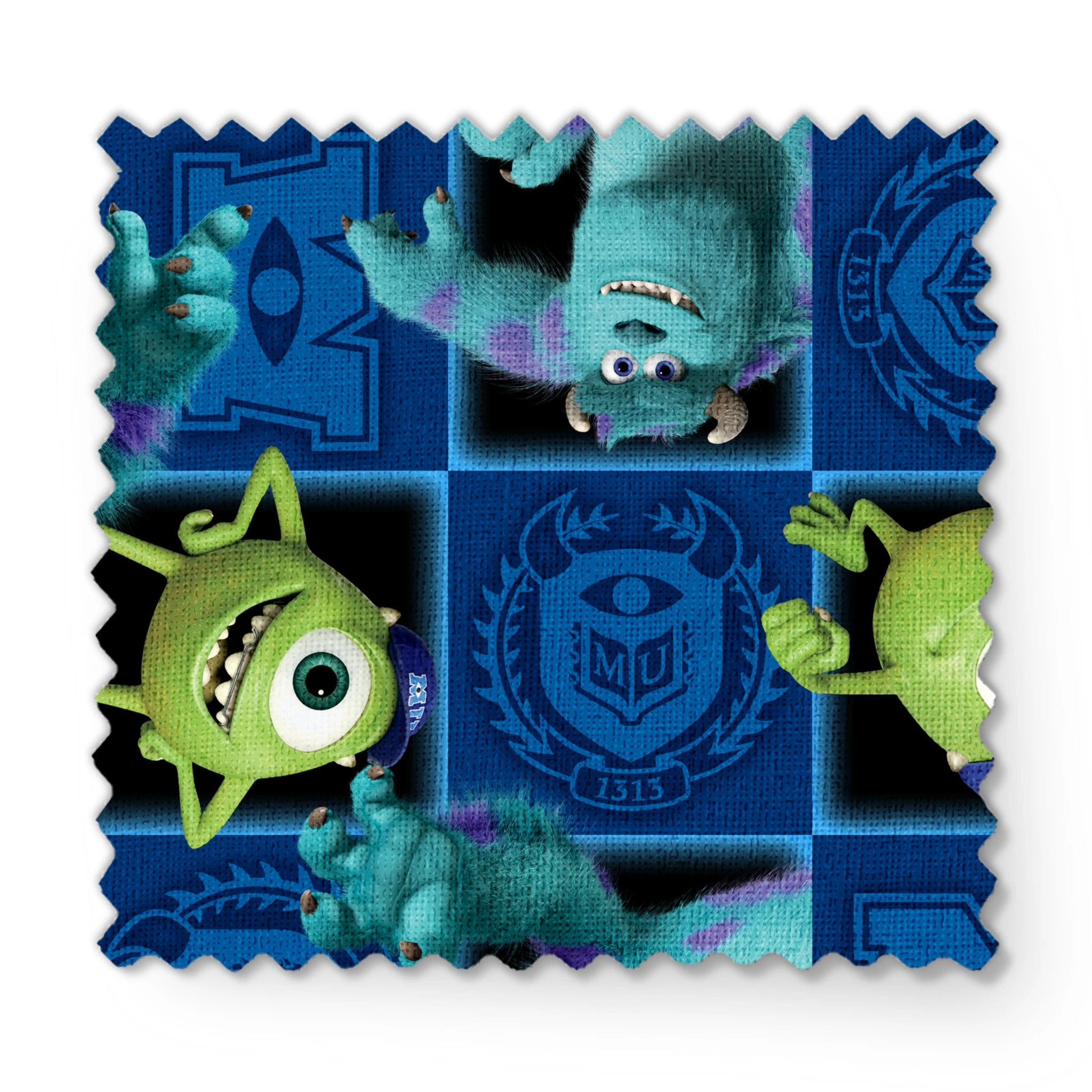 Monsters Inc characters pattern with Mike and Sulley on blue background with logos and emblems fabric swatch mockup
