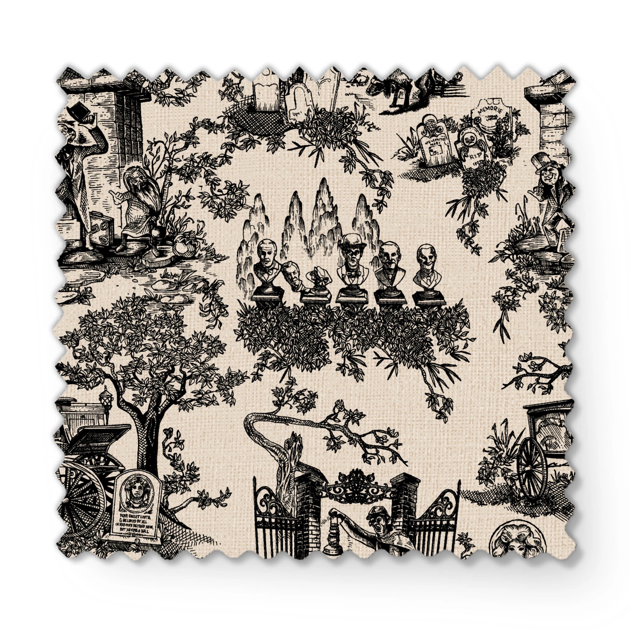 Black and white toile pattern with garden scenes, architectural elements, and decorative figures in a classical style fabric swatch mockup