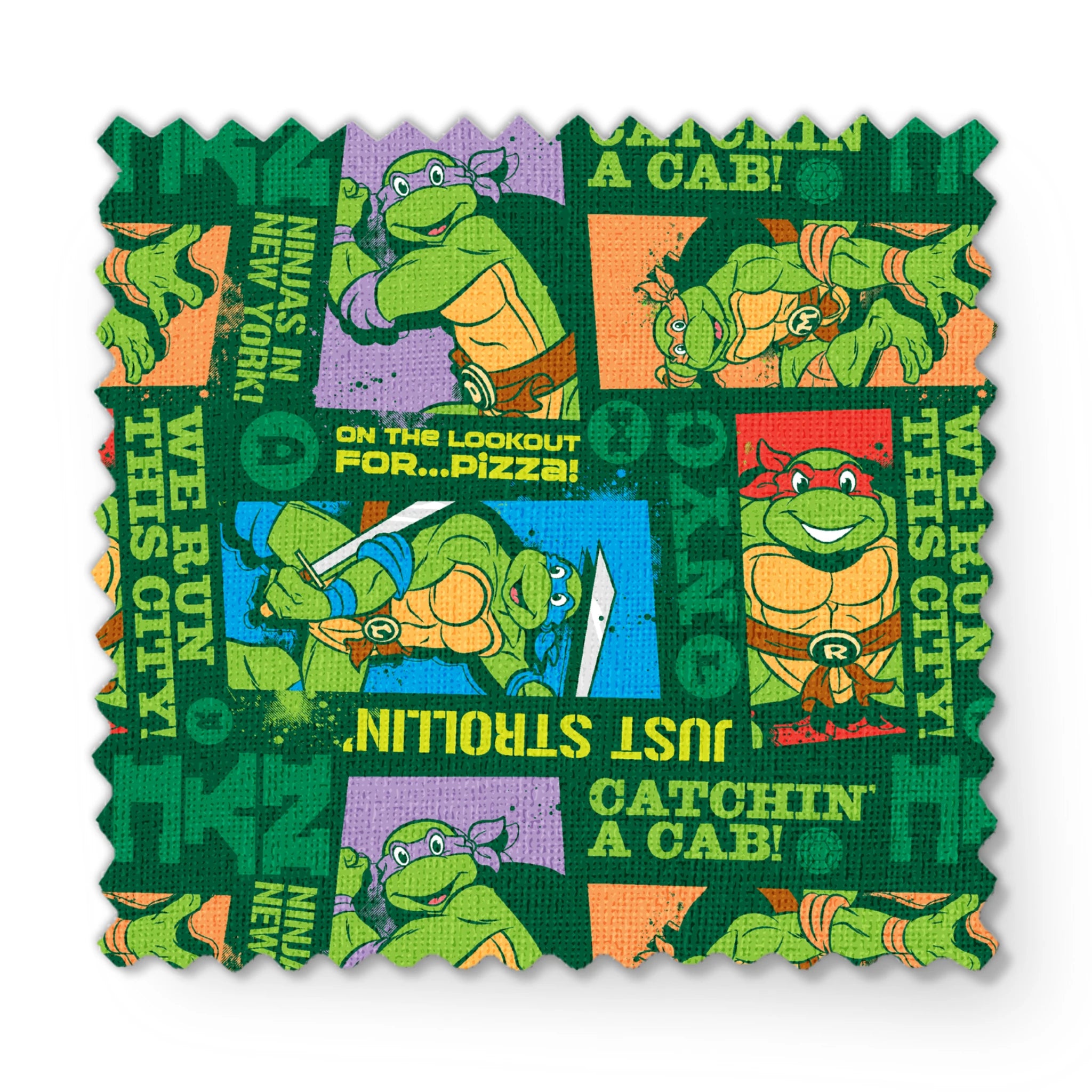 Teenage Mutant Ninja Turtles comic-style panels with phrases like "Catchin' a cab!" and "On the lookout for pizza!" on green background fabric swatch mockup