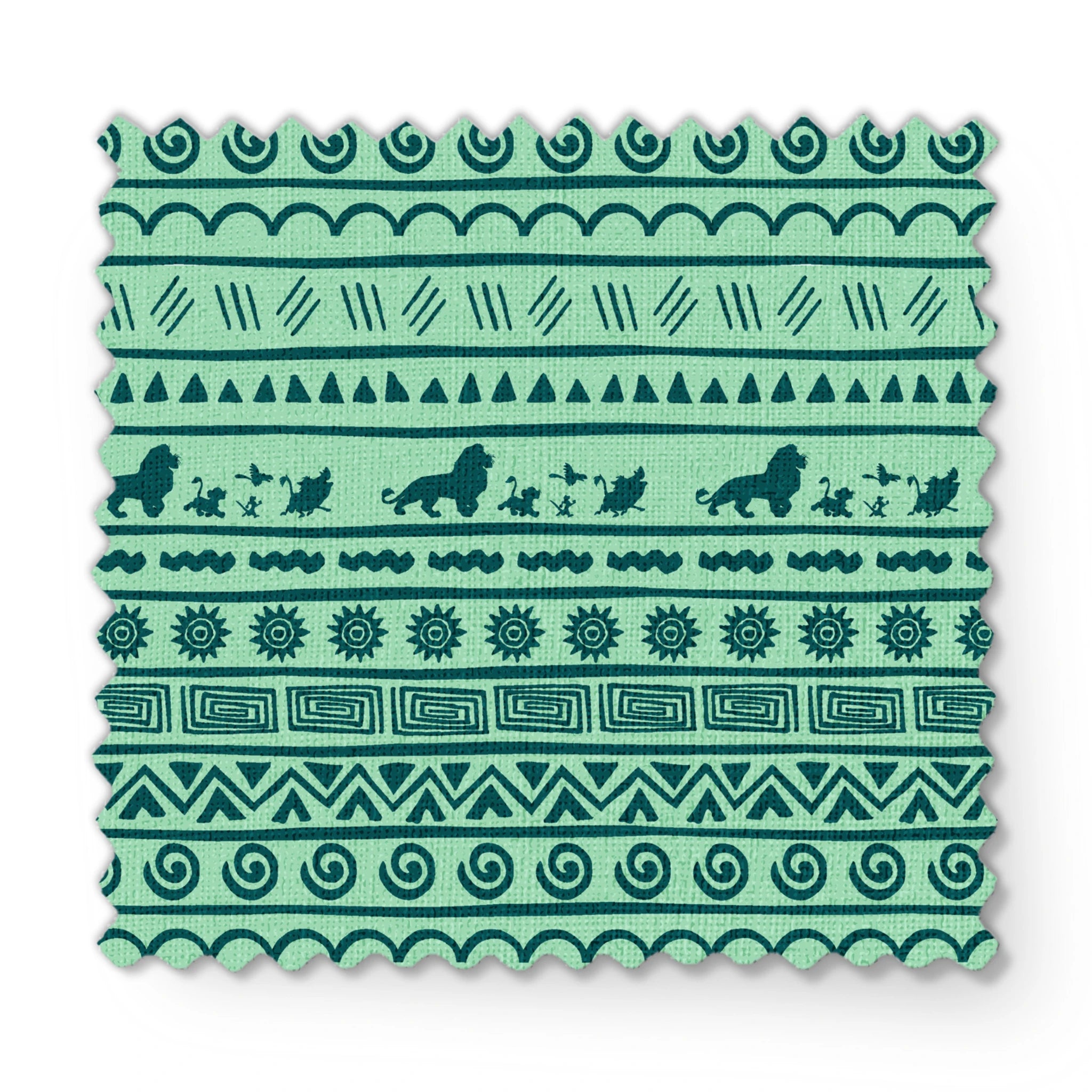 Traditional African-inspired pattern in dark teal on mint green with lions, spirals, triangles, and geometric motifs fabric swatch mockup