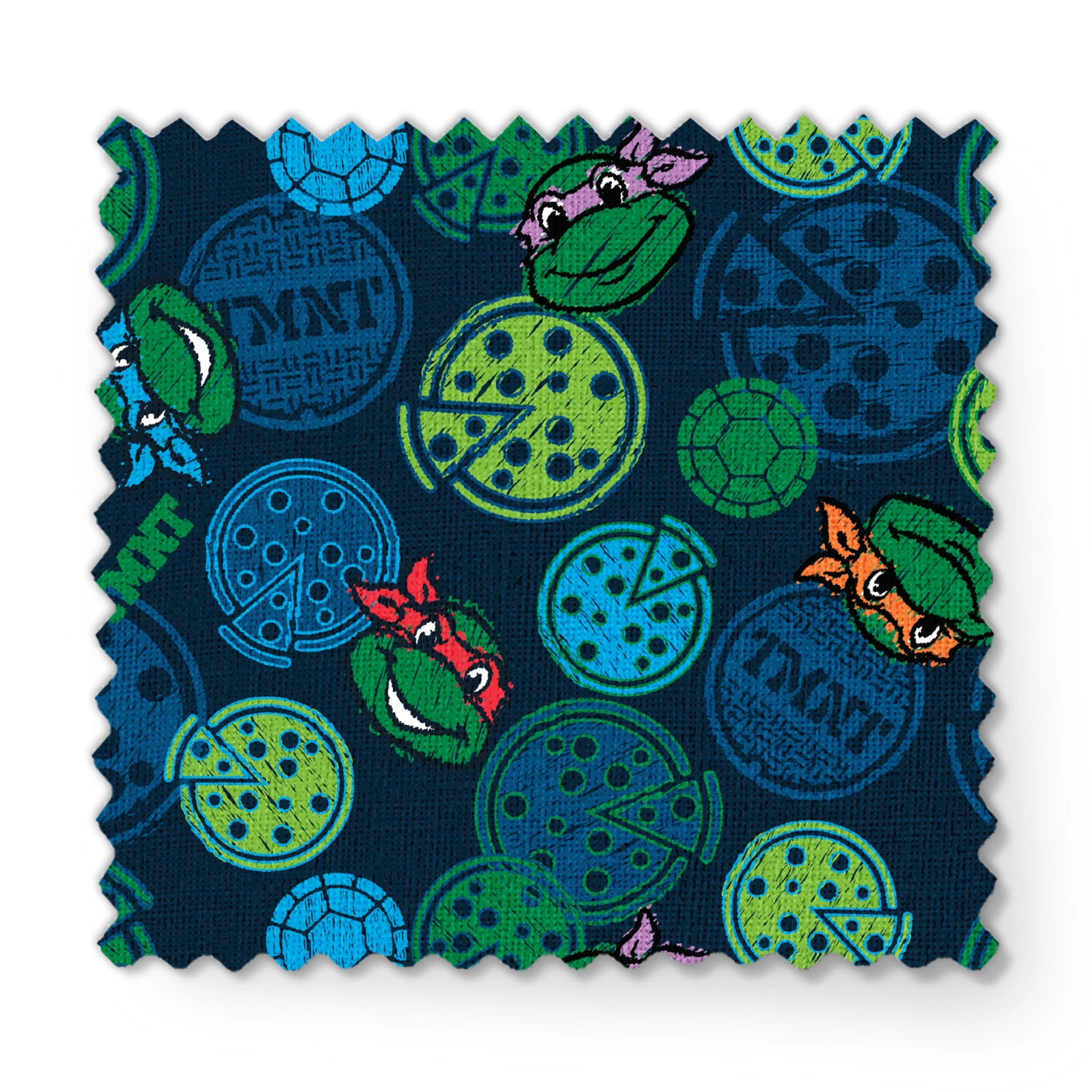Teenage Mutant Ninja Turtles pattern with cartoon character heads and green/blue pizza circles fabric swatch mockup